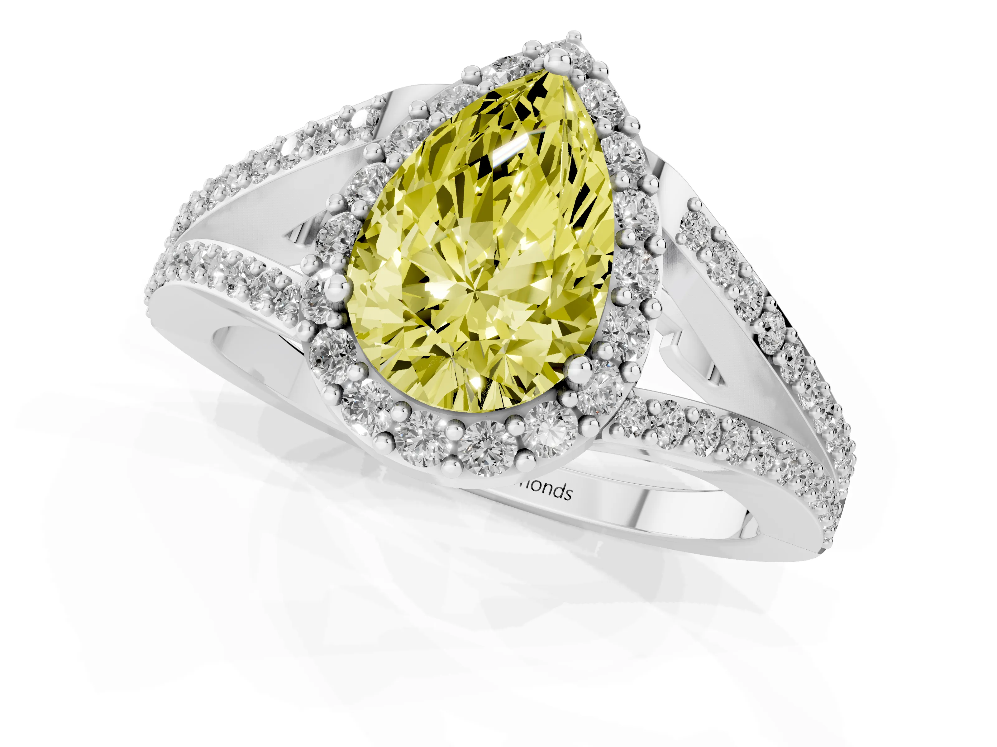 Fancy Yellow Pear Cut Diamond Halo Split Shank Pavé Ring Set in Silver with Prong Setting
