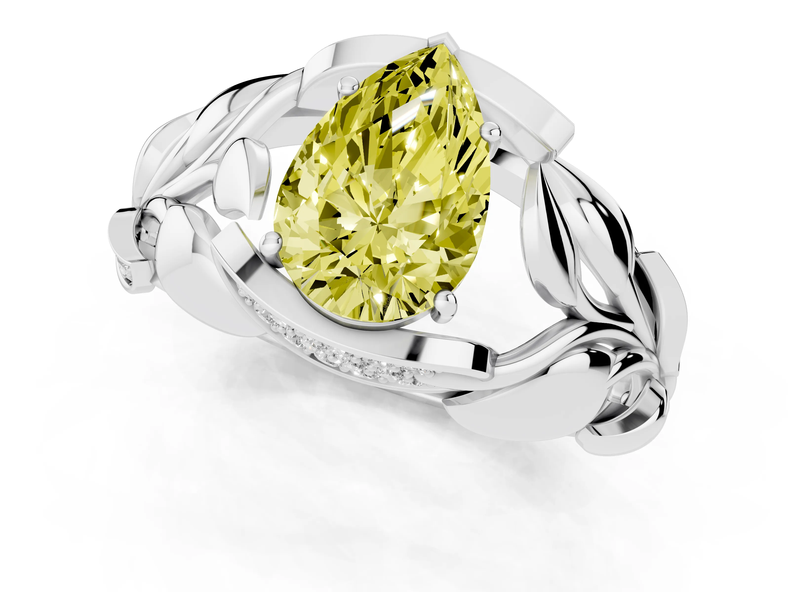 Fancy Yellow Pear Cut Diamond Leaf-Inspired Engagement Ring Set in Platinum with Round Accents – second view