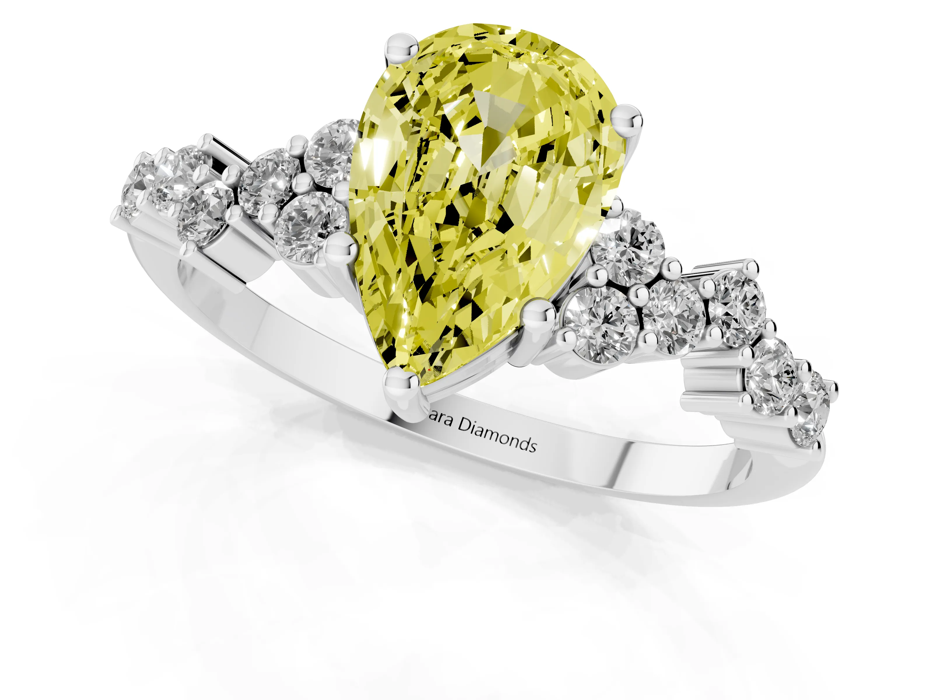 Fancy Yellow Pear Cut Diamond Ring Set in Platinum with Scattered Round Accents