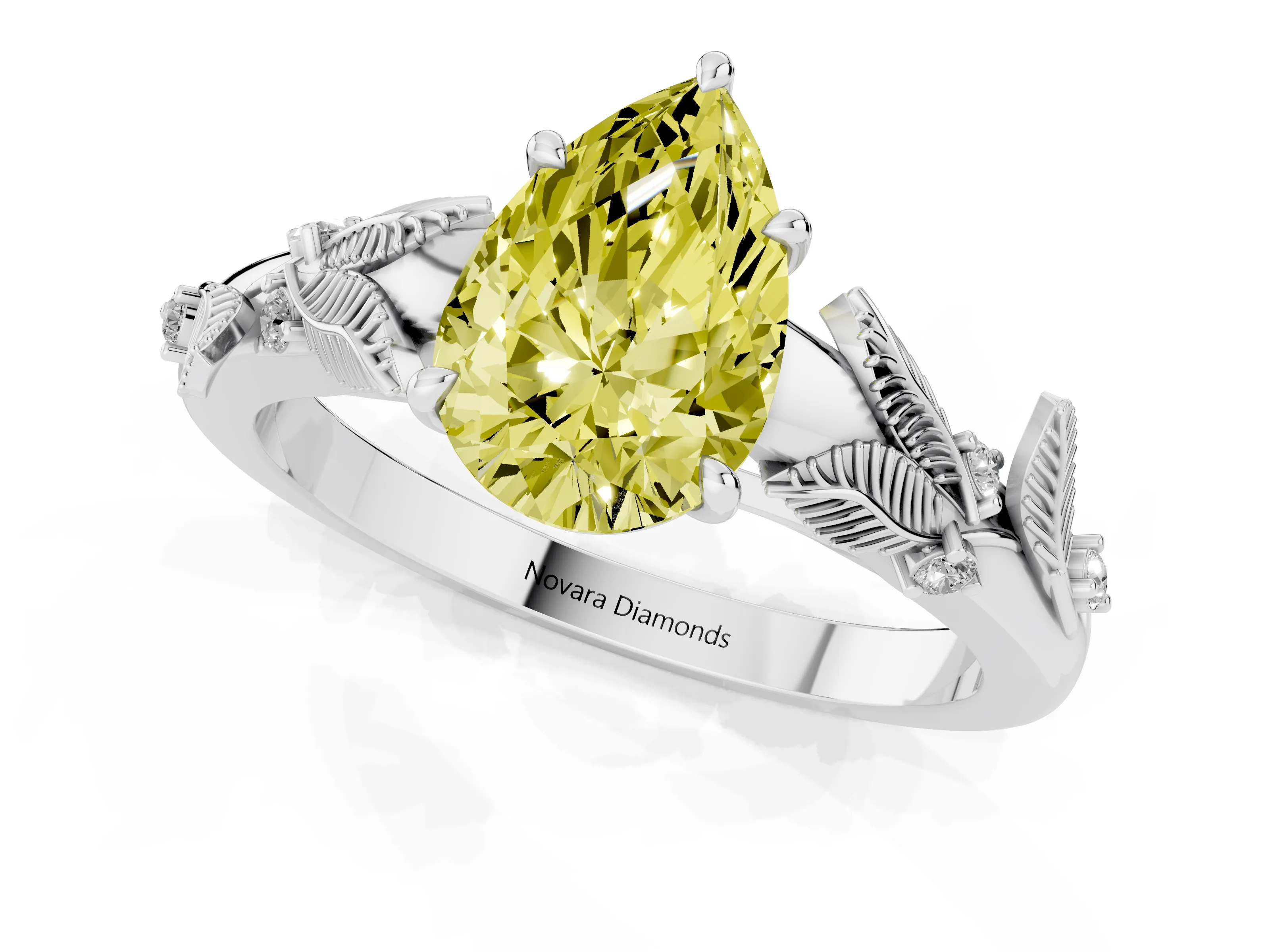 Fancy Yellow Pear Cut Diamond Solitaire Ring Set in Silver with Leaf Motif Band