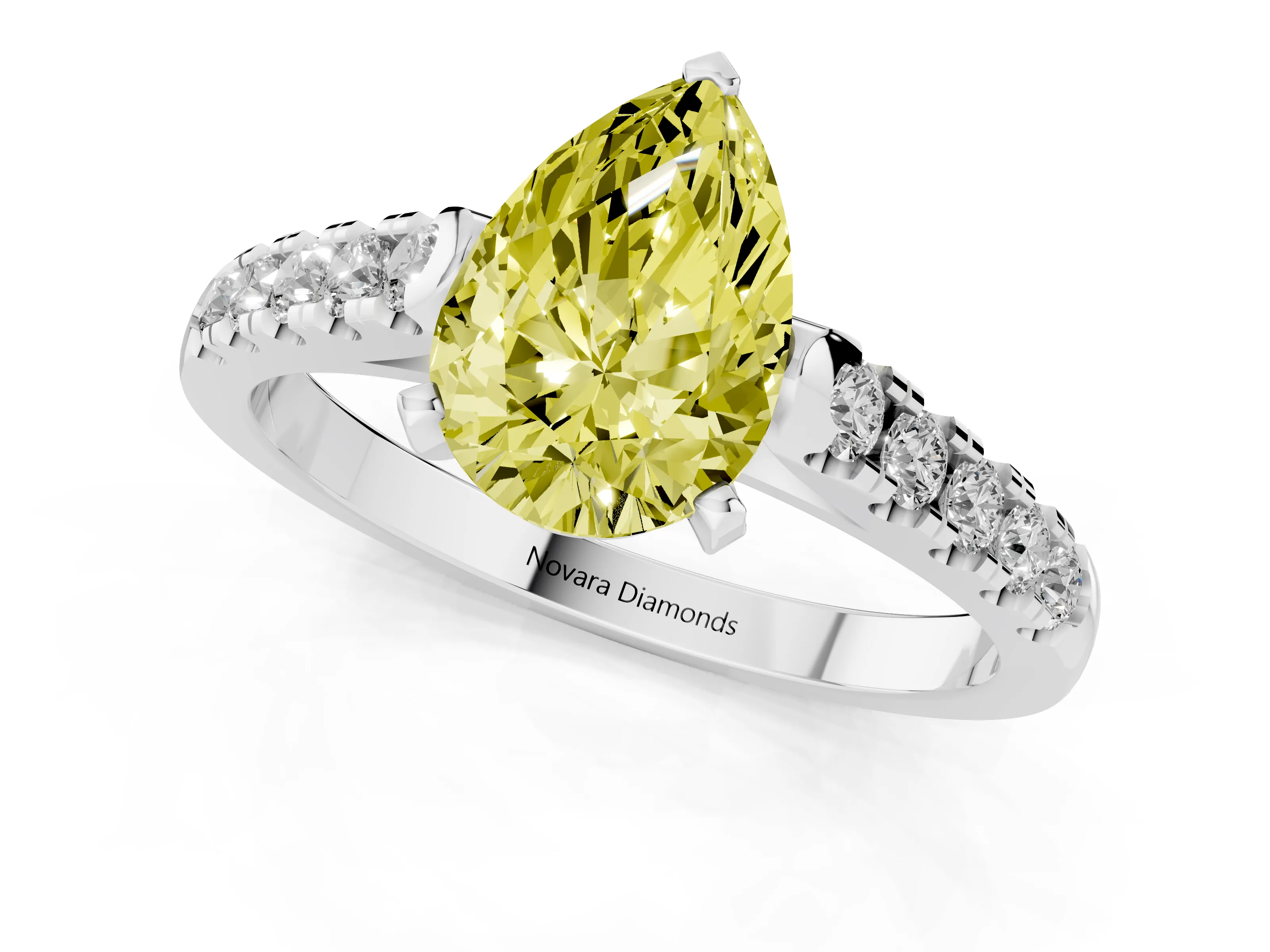 Fancy Yellow Pear Cut Diamond Pavé Band Solitaire Ring Set in White gold with Partway Accent Stones and Prong Setting
