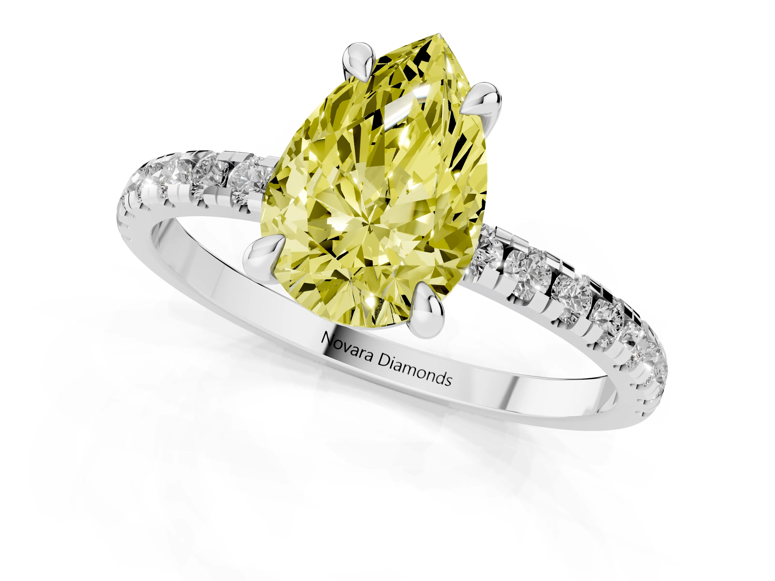Fancy Yellow Pear Cut Diamond Brilliant Solitaire Ring Set in White gold with Pavé Band and Prong Setting