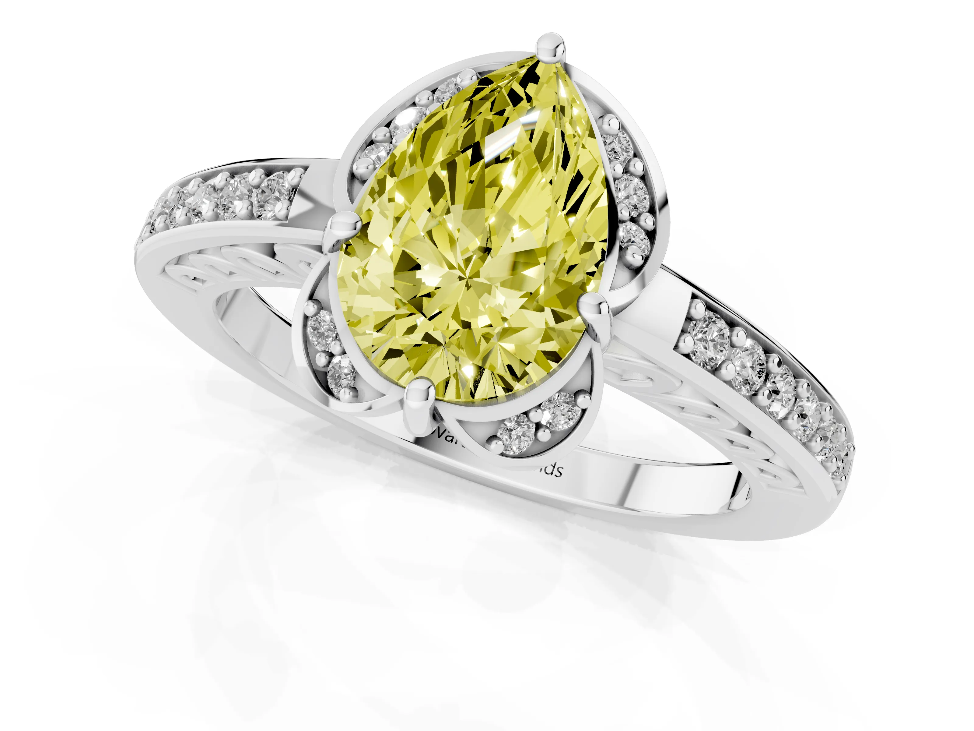 Fancy Yellow Pear Cut Diamond Halo Ring Set in Platinum with Channel Set Band and Prong Setting