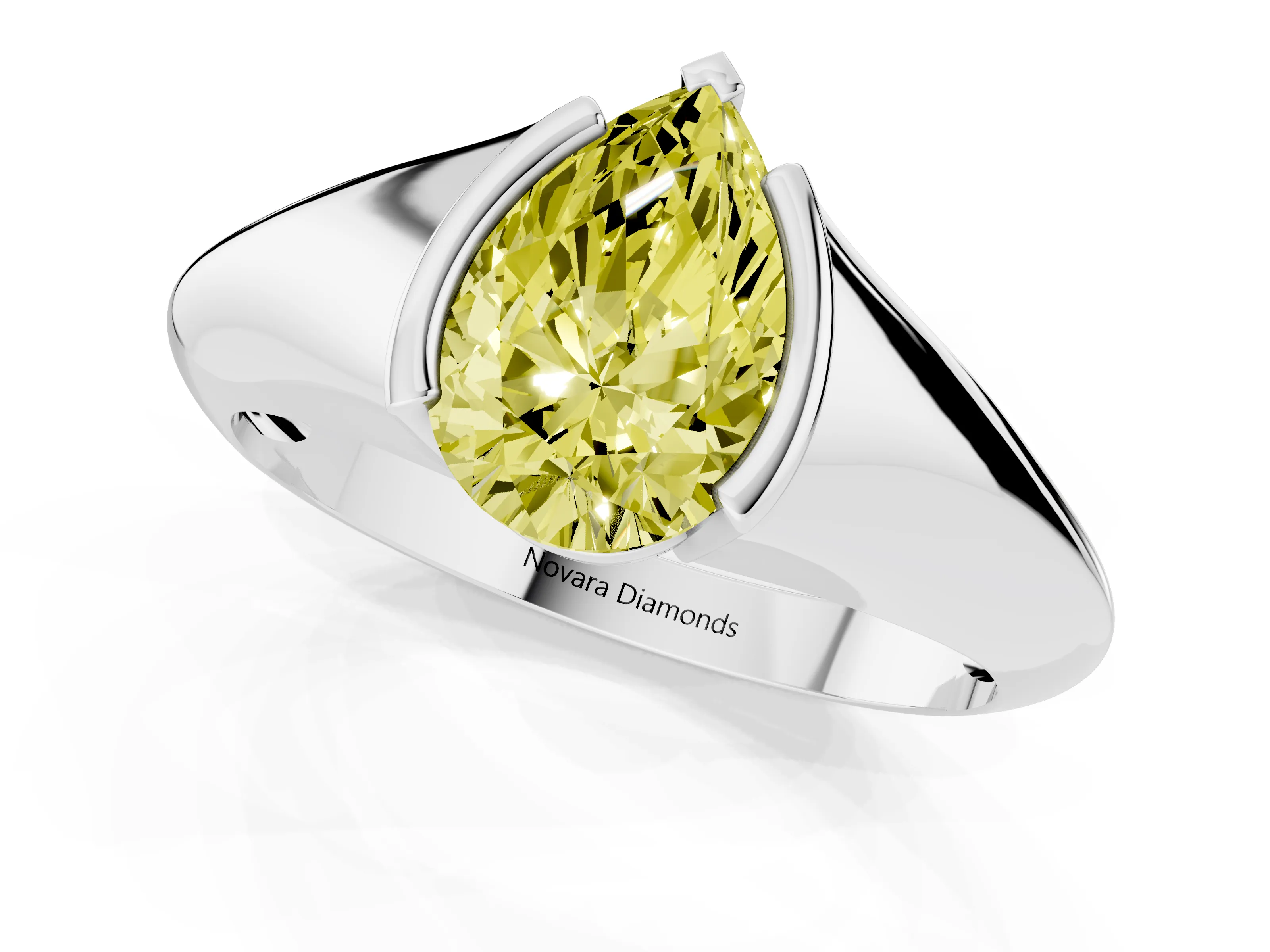 Fancy Yellow Pear Cut Diamond Solitaire Tension Set Ring Set in Silver