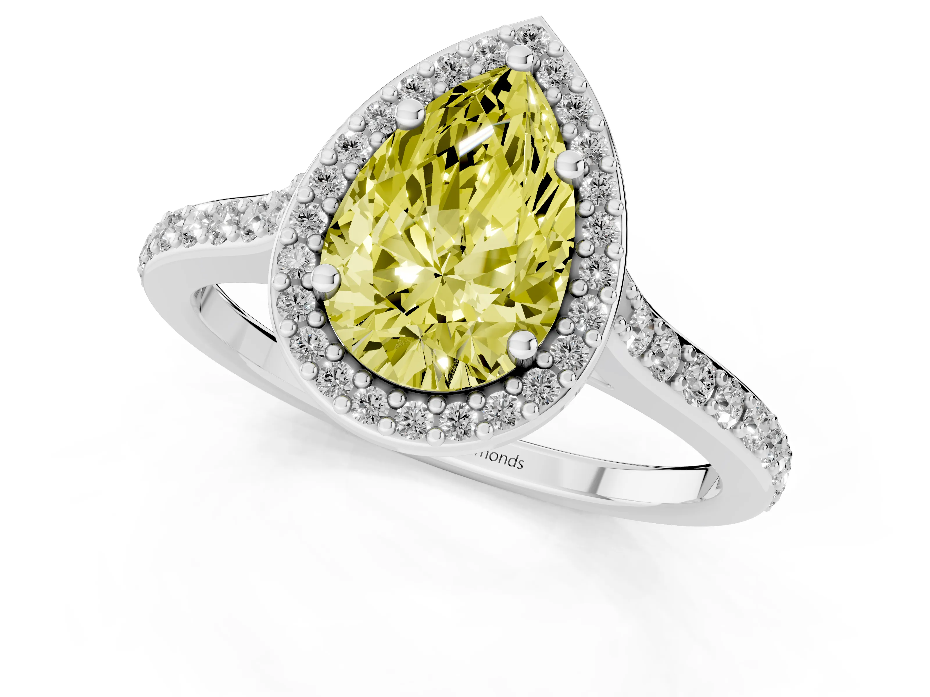 Fancy Yellow Pear Cut Diamond Halo Engagement Ring Set in Platinum with Round Pavé Shoulders and Heart Gallery – second view
