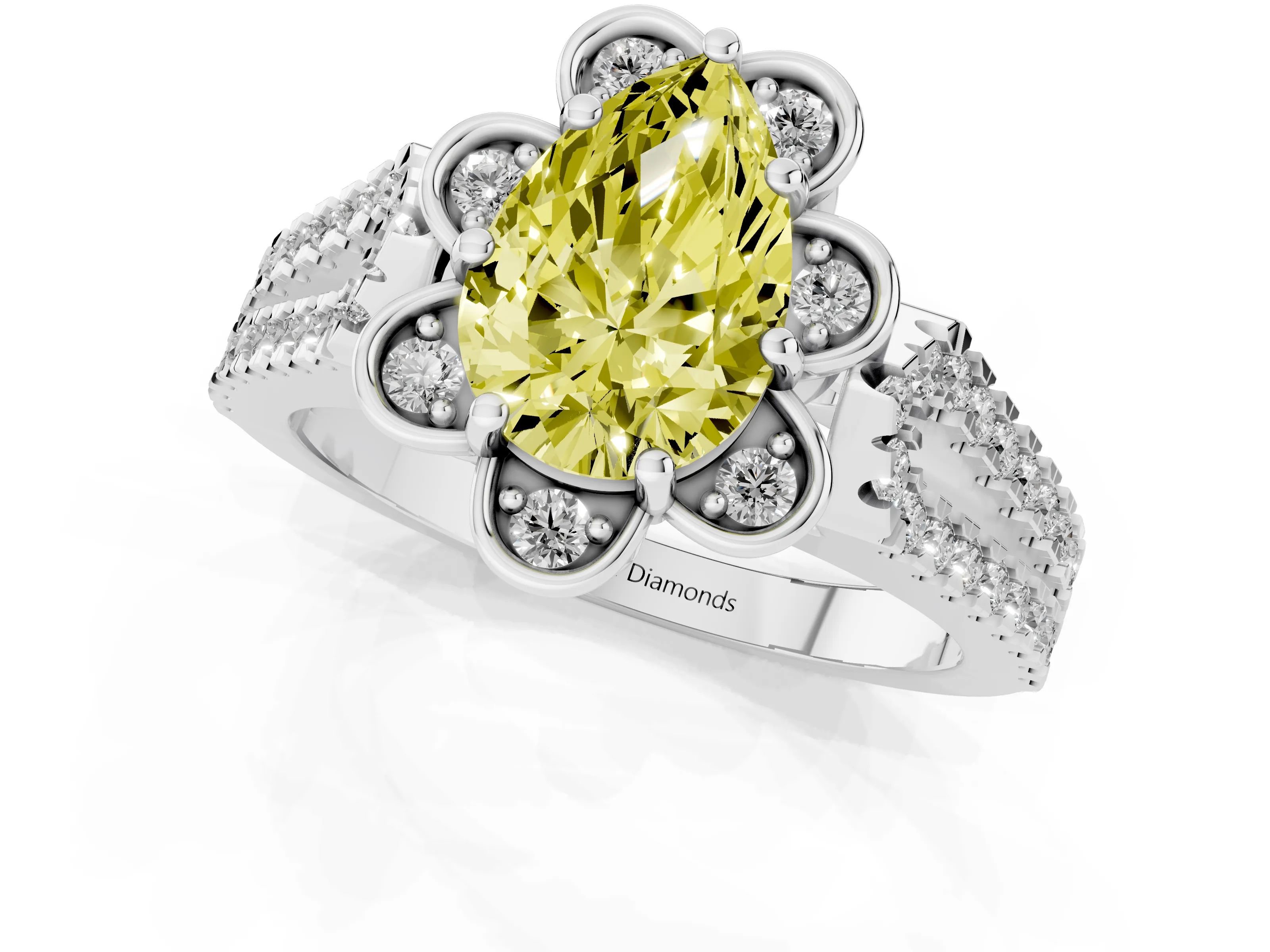 Fancy Yellow Pear Cut Diamond Floral Halo Split Shank Engagement Ring Set in White gold with Pavé Shank