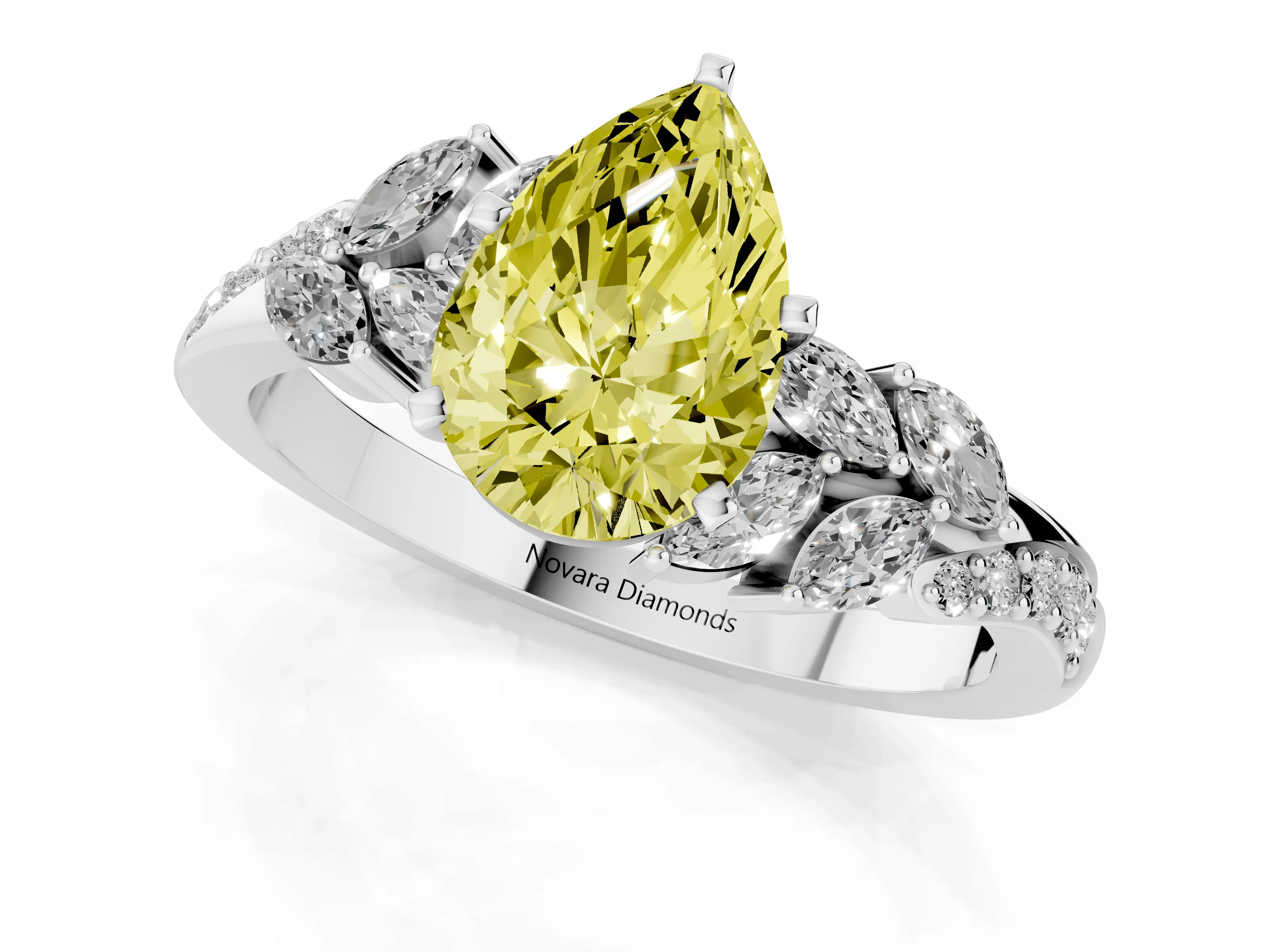 Fancy Yellow Pear Cut Diamond Solitaire Ring Set in Platinum with Marquise Twist Band and Prong Setting