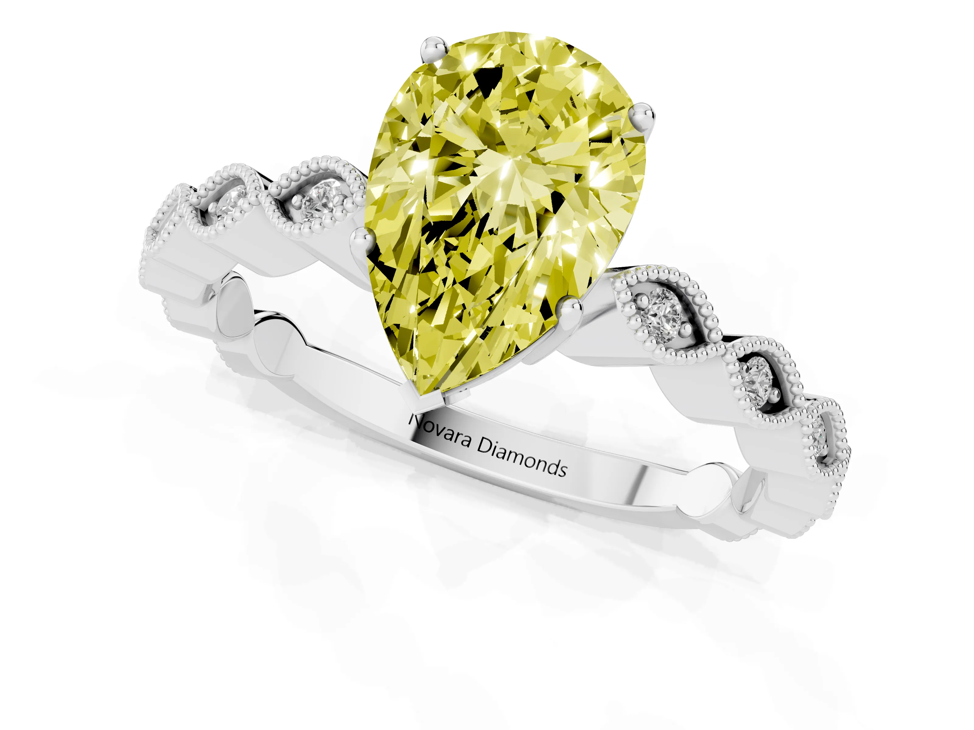 Fancy Yellow Pear Cut Diamond Solitaire Ring Set in Silver with Infinity Twist Pavé Band