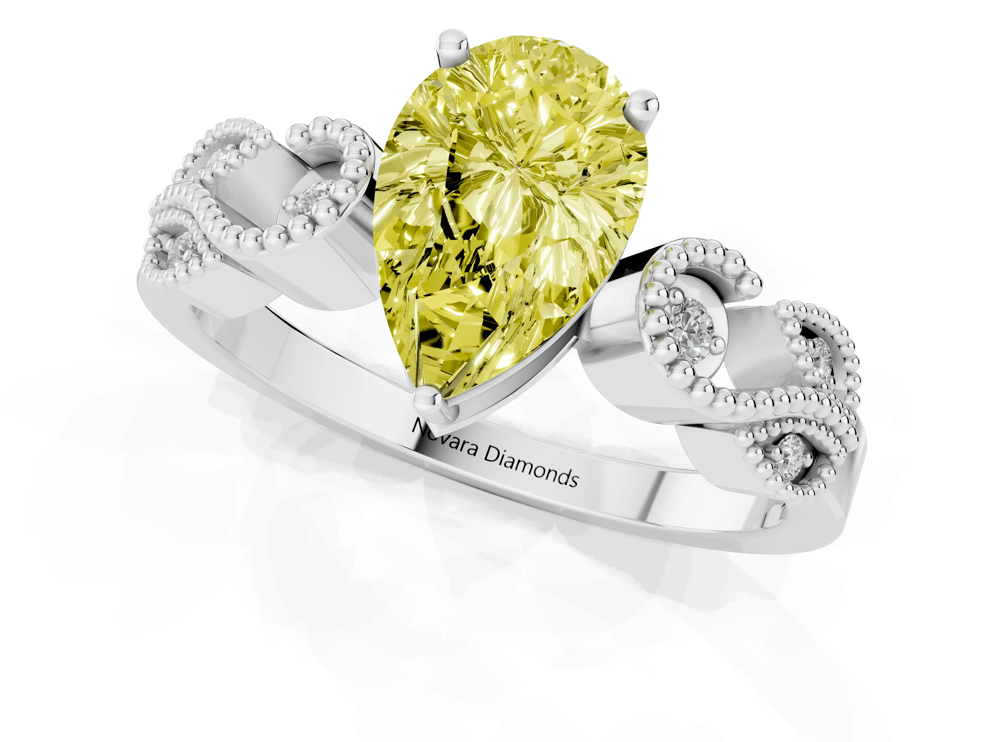 Fancy Yellow Pear Cut Diamond Milgrain Leaf Band Solitaire Ring Set in White gold with Accent Stones and Prong Setting