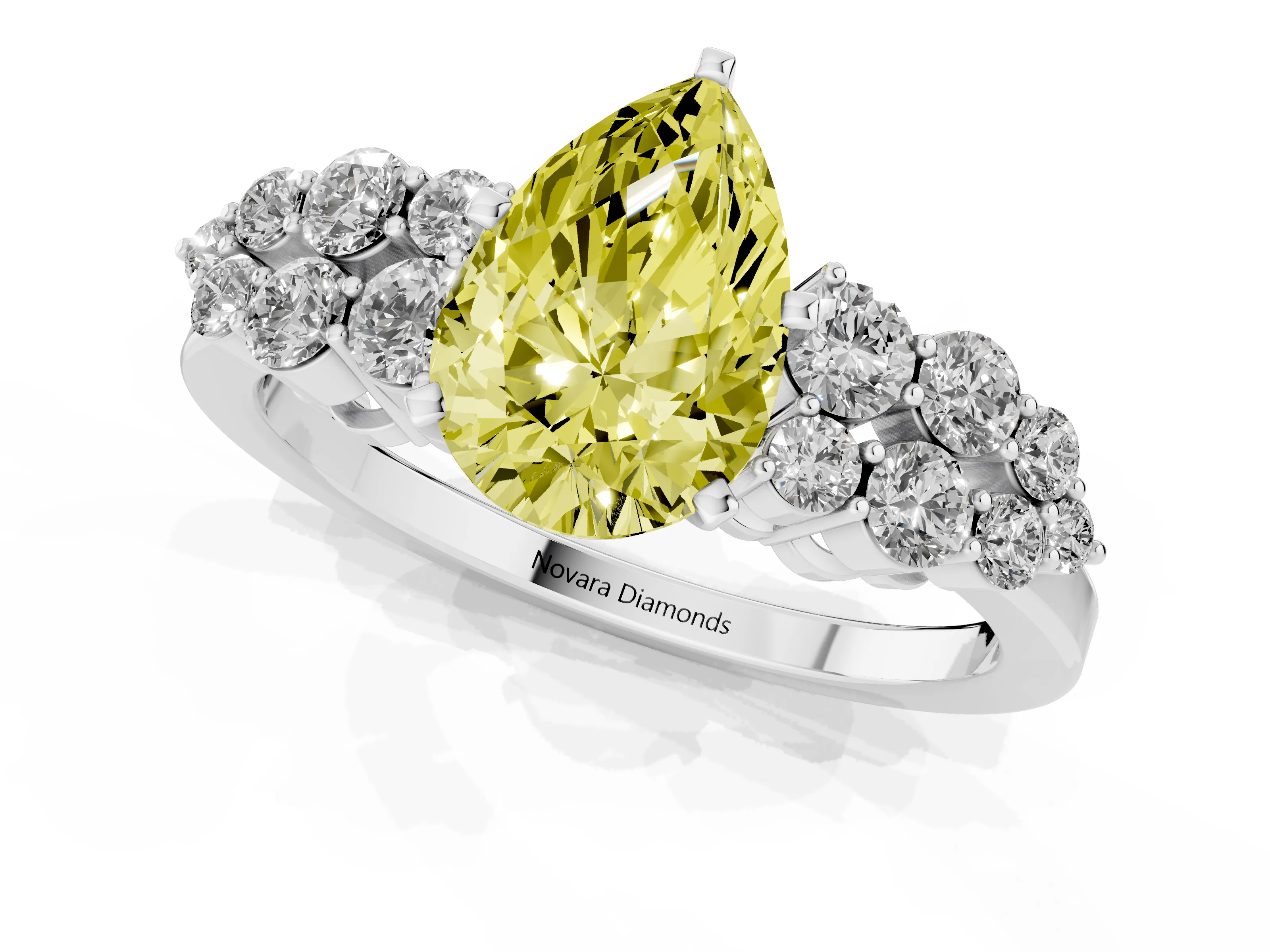 Fancy Yellow Pear Cut Diamond Cluster Engagement Ring Set in Platinum with Pavé Band and Prong Setting