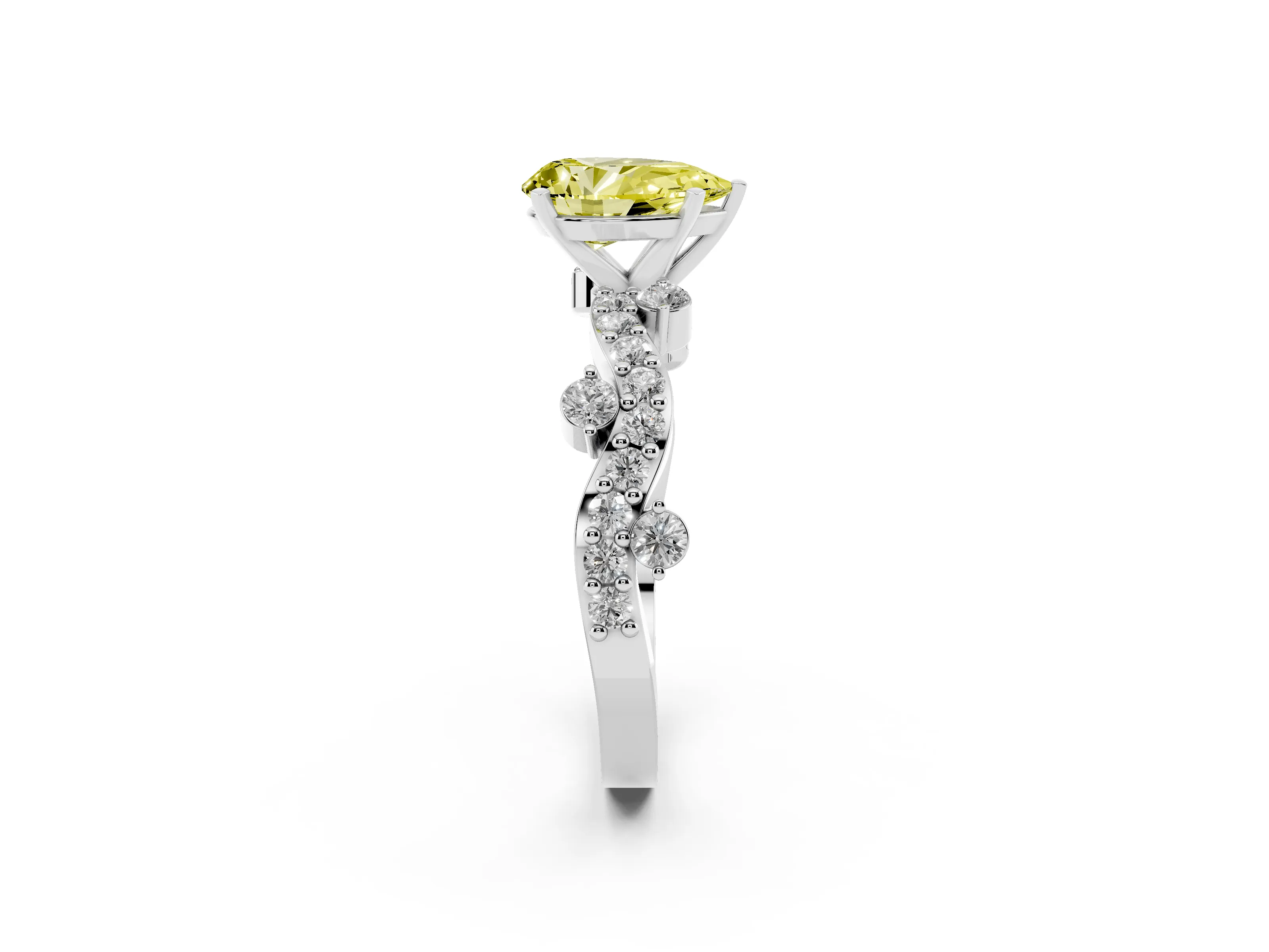 Fancy Yellow Pear Cut Diamond Solitaire Twisted Band Set in White gold with Pavé Setting