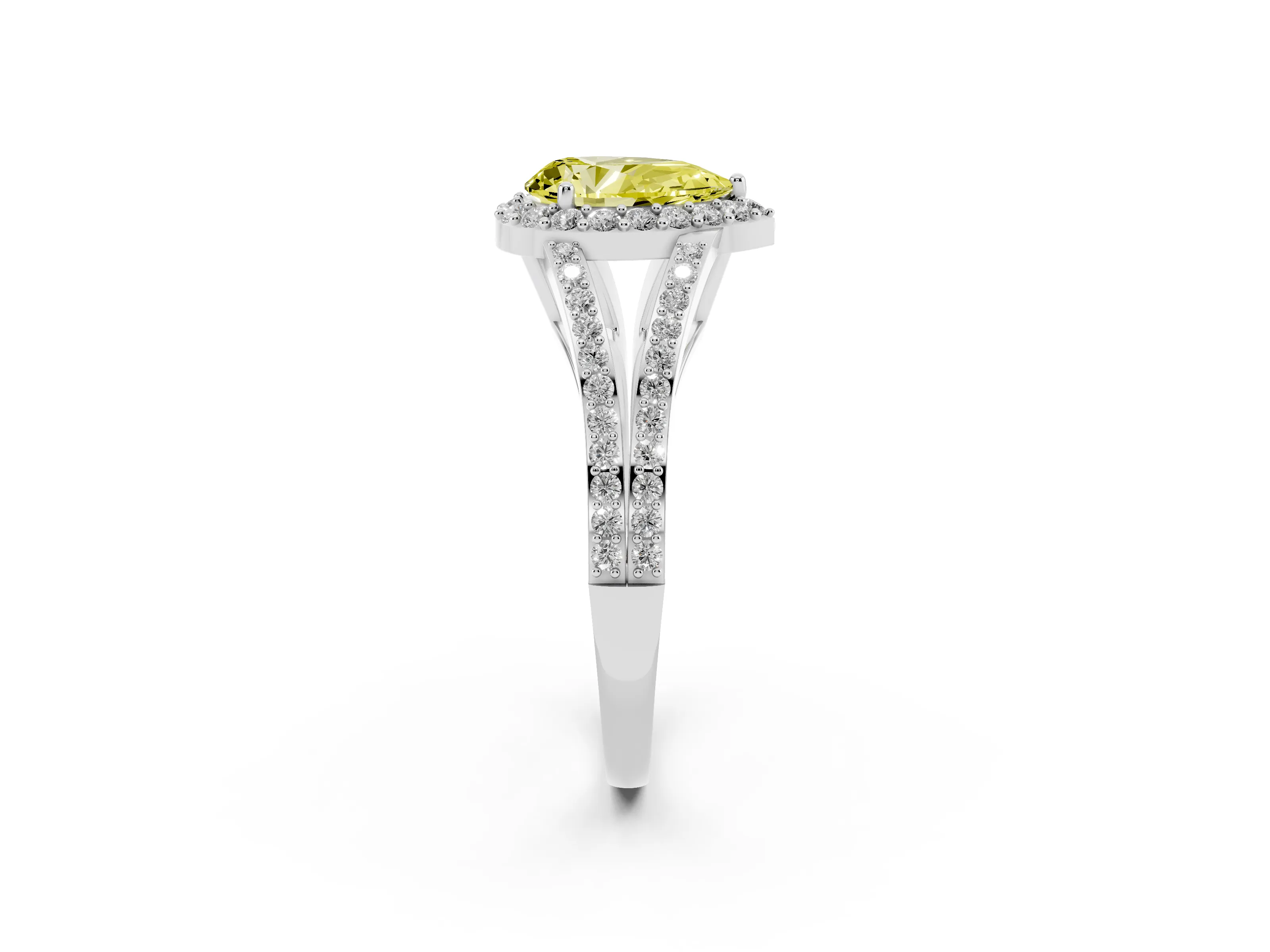 Fancy Yellow Pear Cut Diamond Halo Split Shank Pavé Ring Set in Silver with Prong Setting