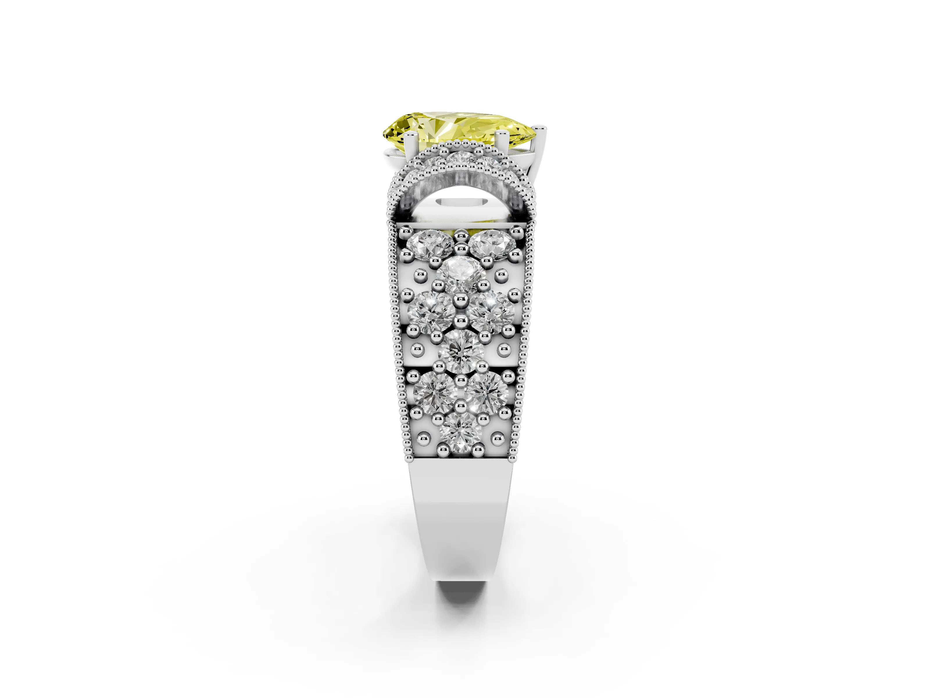 Fancy Yellow Pear Cut Diamond Milgrain Halo Pavé Engagement Ring Set in Platinum with Prong Setting