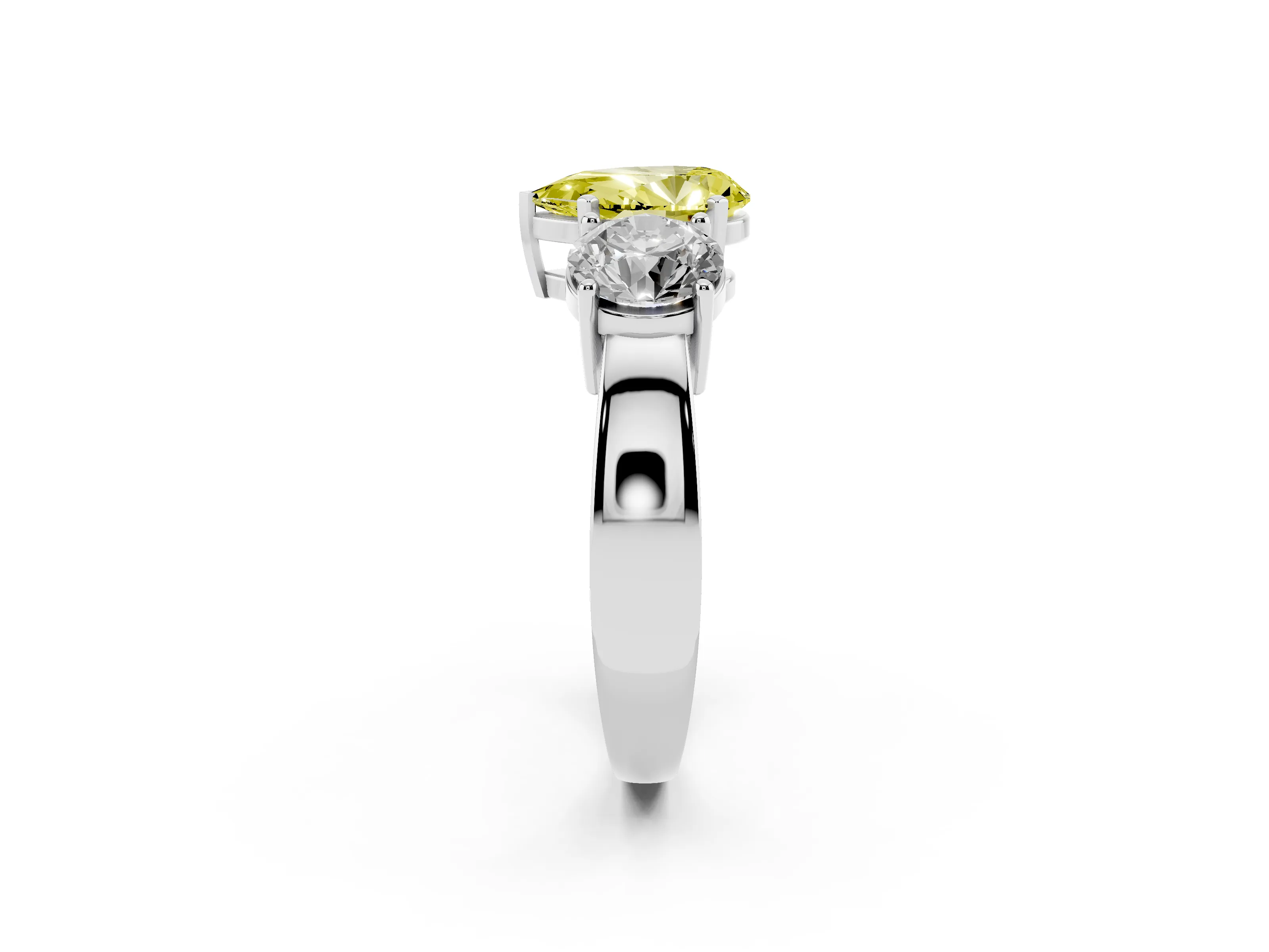 Fancy Yellow Pear Cut Diamond Three-Stone Ring Set in Platinum with Round Side Stones and Classic Band