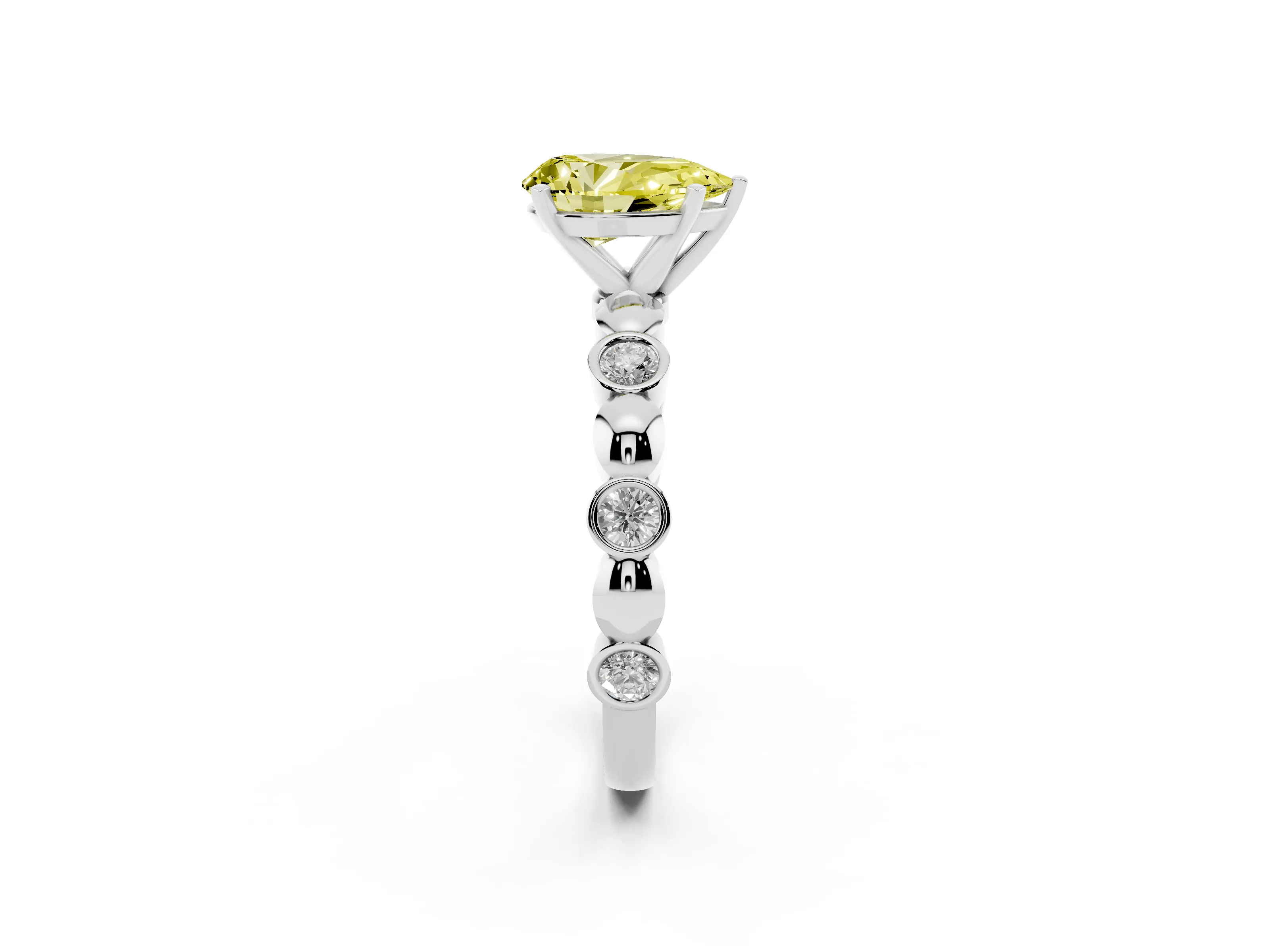 Fancy Yellow Pear Cut Diamond Solitaire Ring Set in Platinum with Bezel-Set Accents on Beaded Band and Prong Setting
