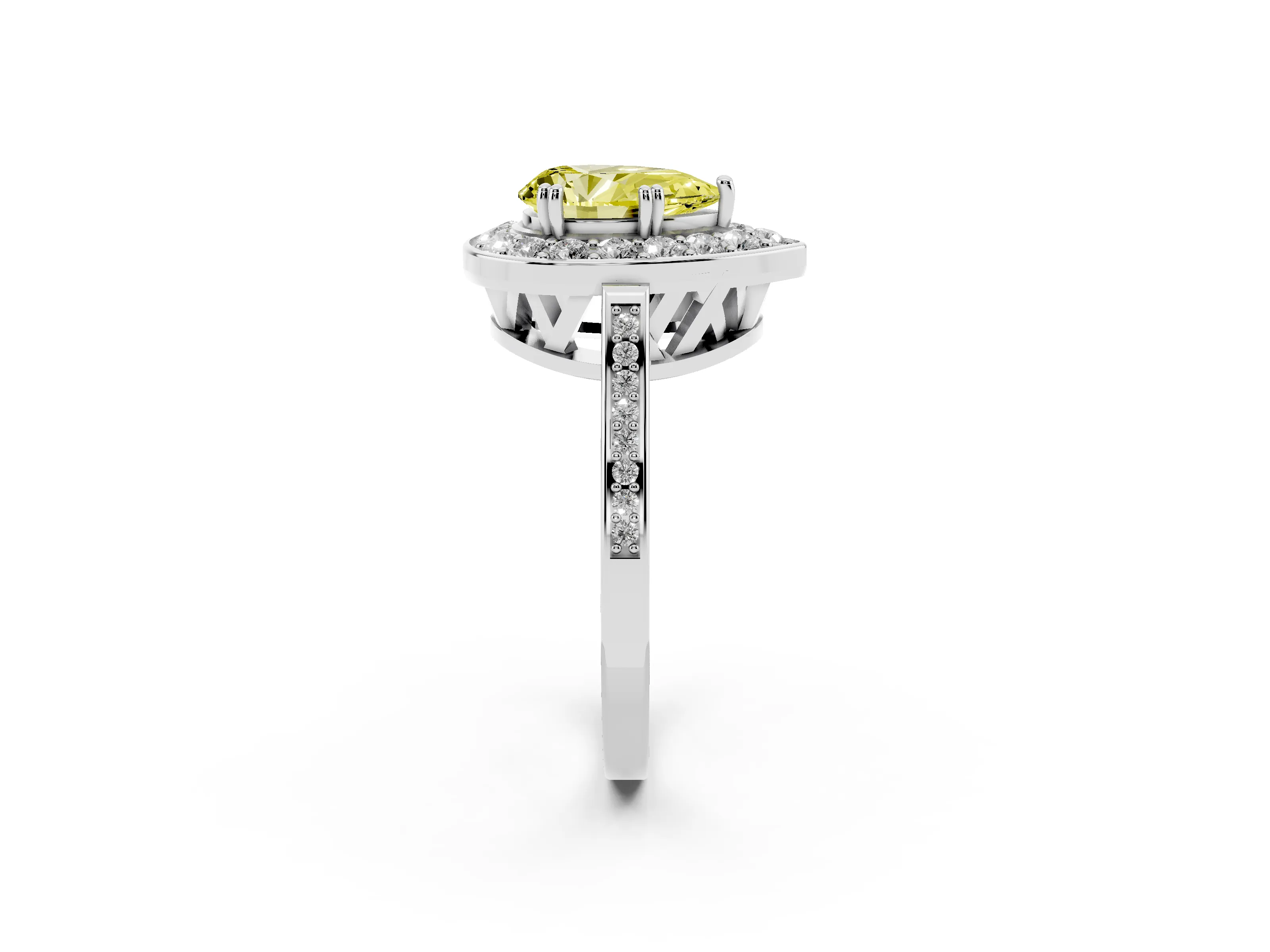 Fancy Yellow Pear Cut Diamond Halo Ring Set in Silver with Accent-Lined Split Shank and Prong Setting