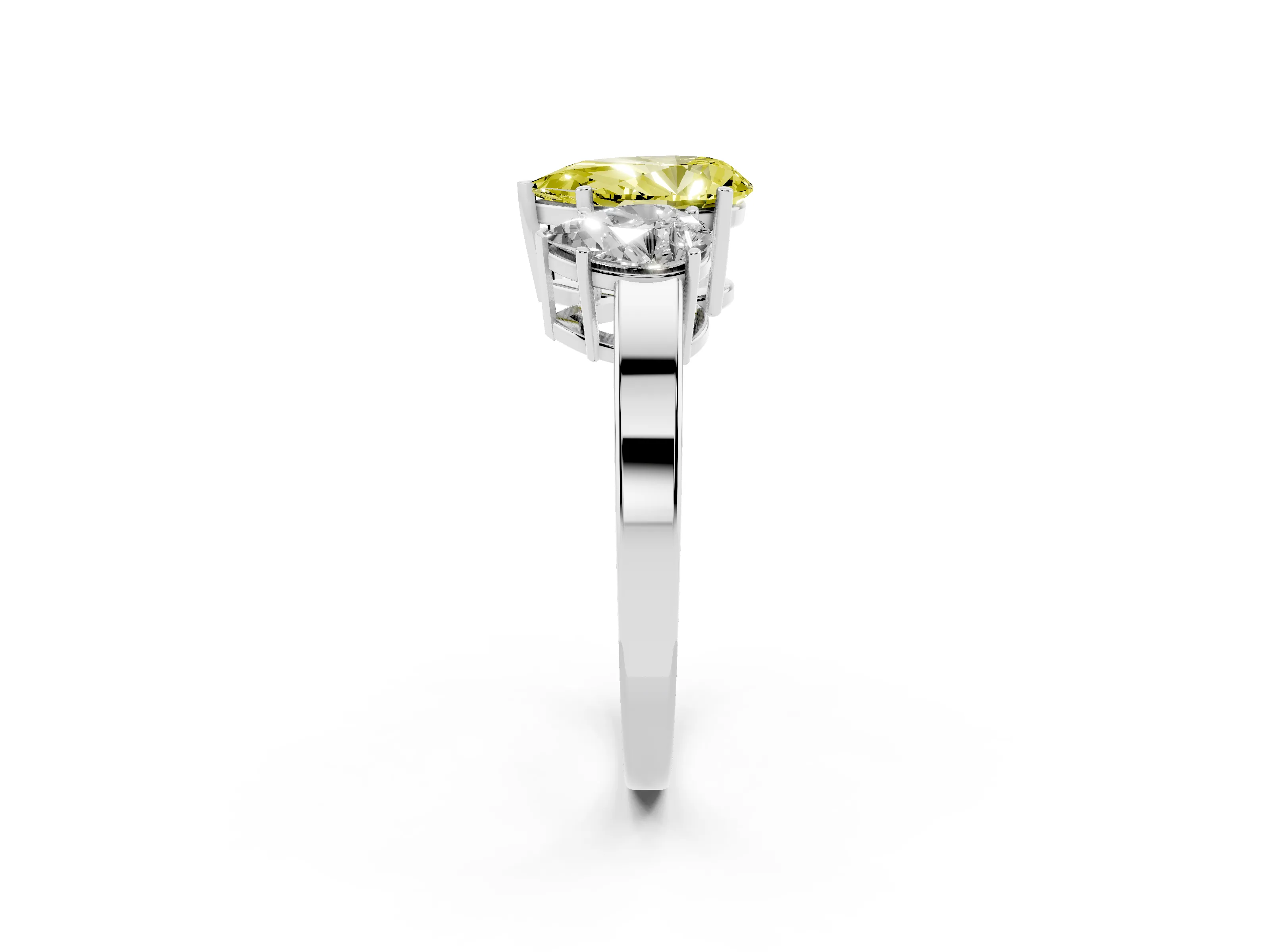 Fancy Yellow Pear Cut Diamond Three-Stone Engagement Ring Set in White gold with Flat Band