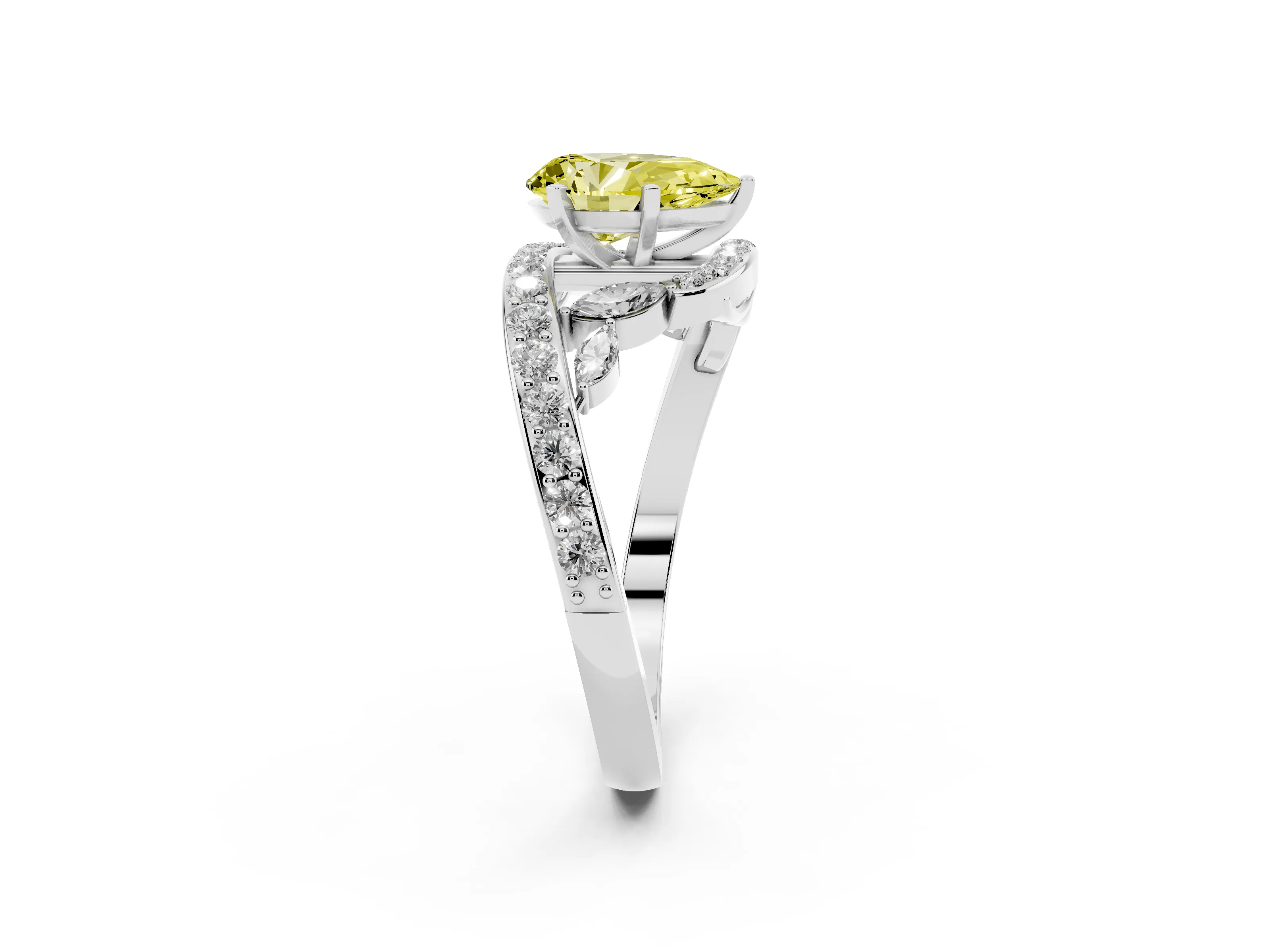 Fancy Yellow Pear Cut Diamond Solitaire Ring Set in White gold with Pavé Twist Band and Secure Prong Setting