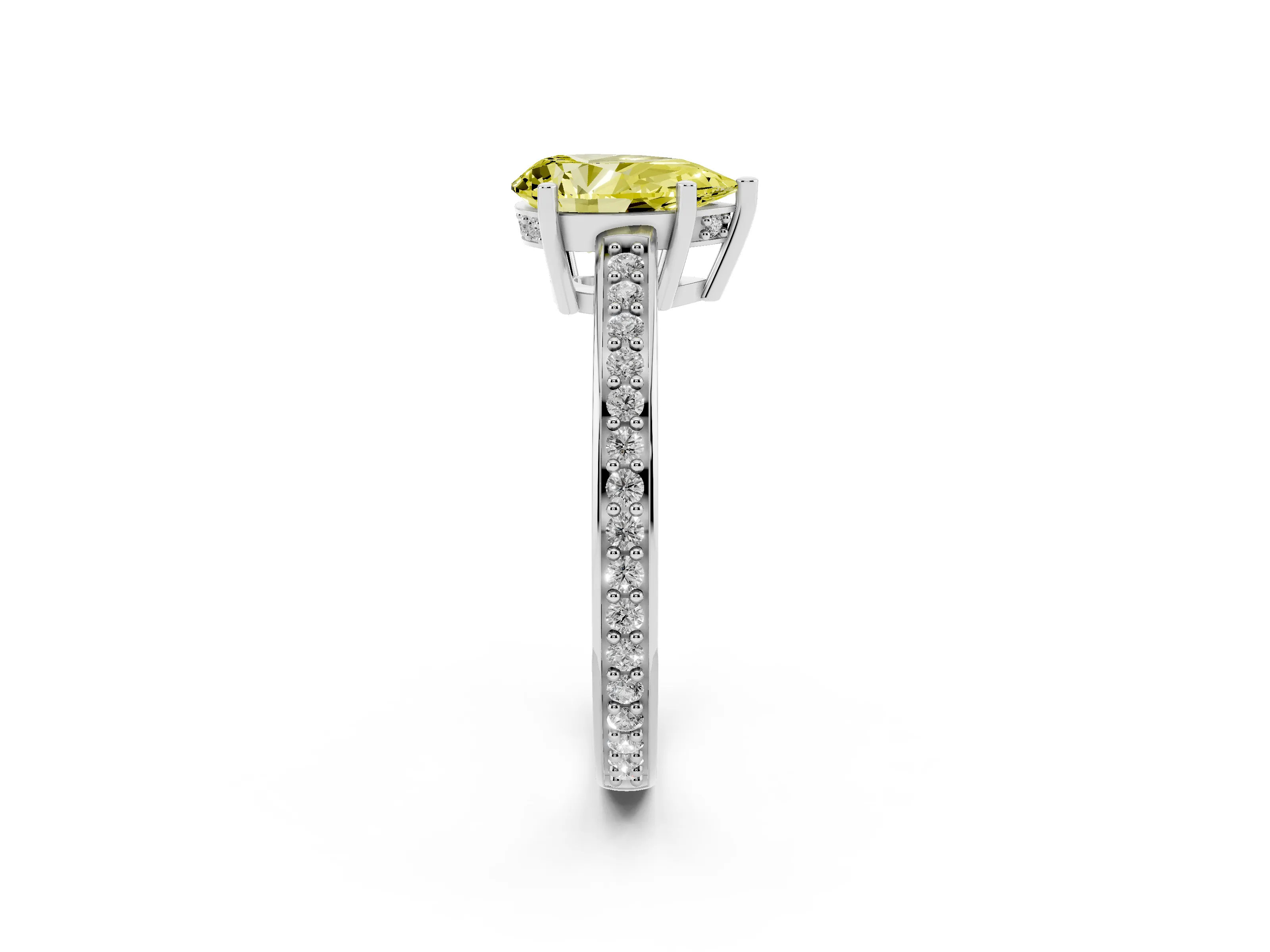Fancy Yellow Pear Cut Diamond Pavé Band Prong Set Solitaire Ring Set in Silver