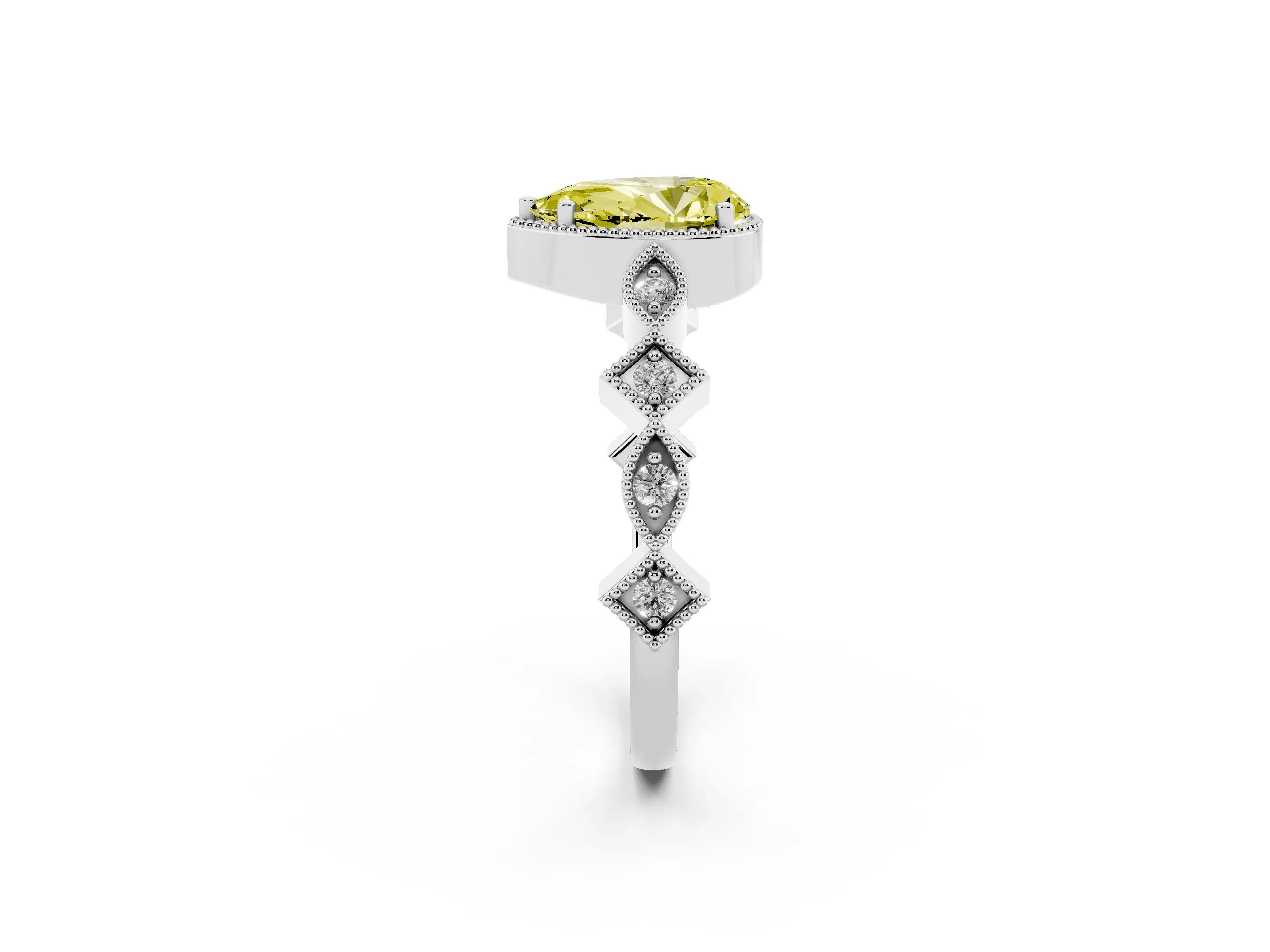 Fancy Yellow Pear Cut Diamond Milgrain Marquise Twist Band Ring Set in White gold with Prong Setting