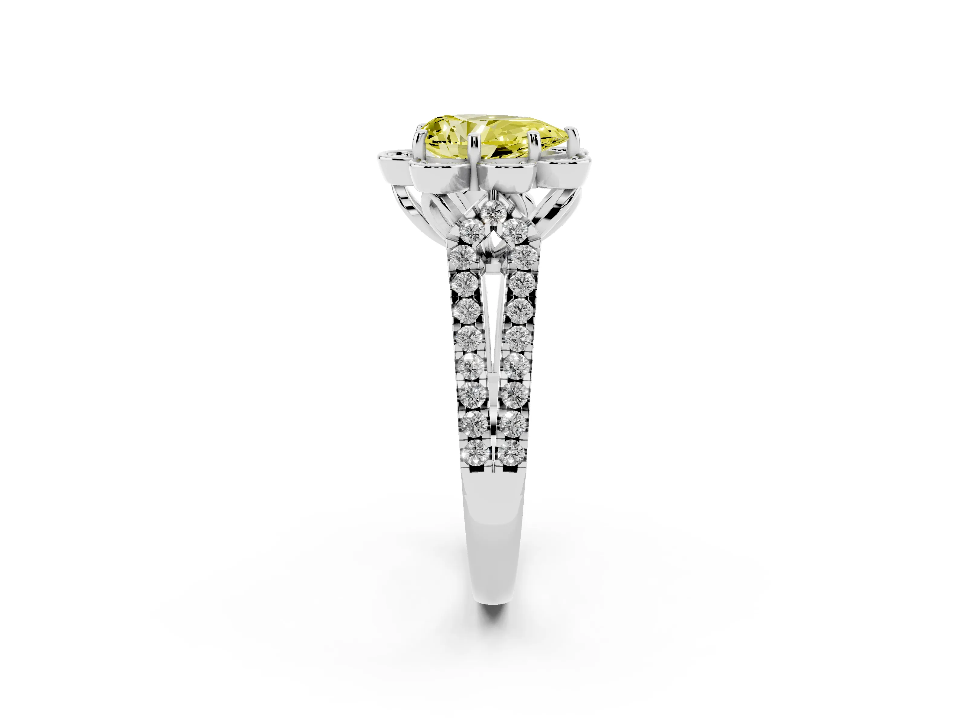 Fancy Yellow Pear Cut Diamond Floral Halo Split Shank Engagement Ring Set in White gold with Pavé Shank