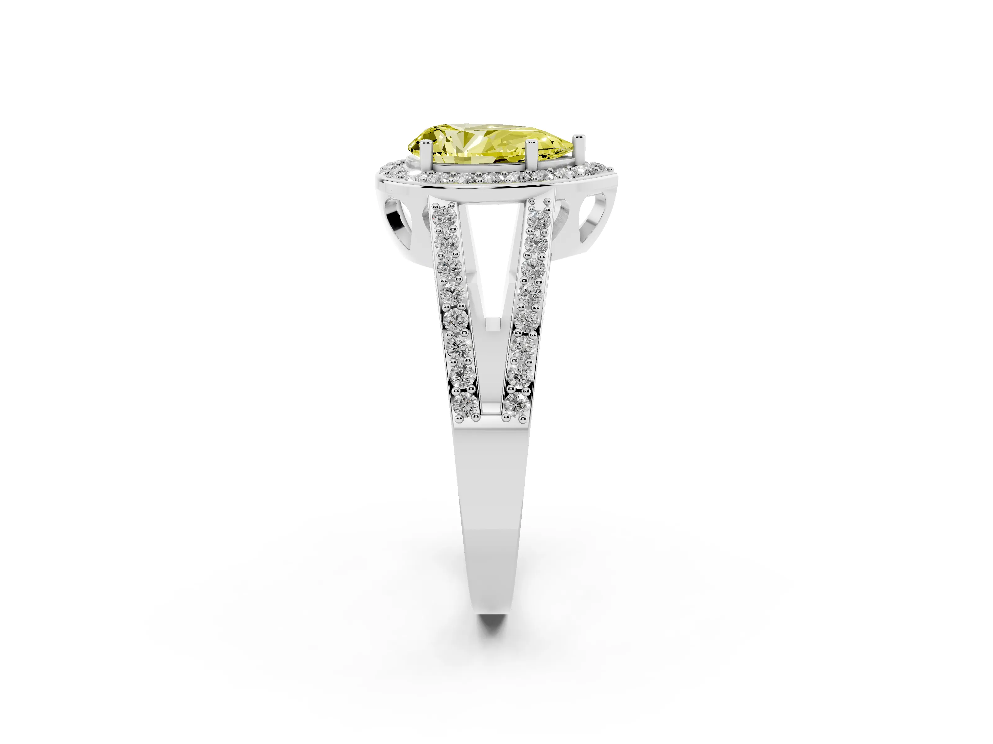 Fancy Yellow Pear Cut Diamond Halo Ring Set in Silver with U-Prong Split Shank and Prong Setting