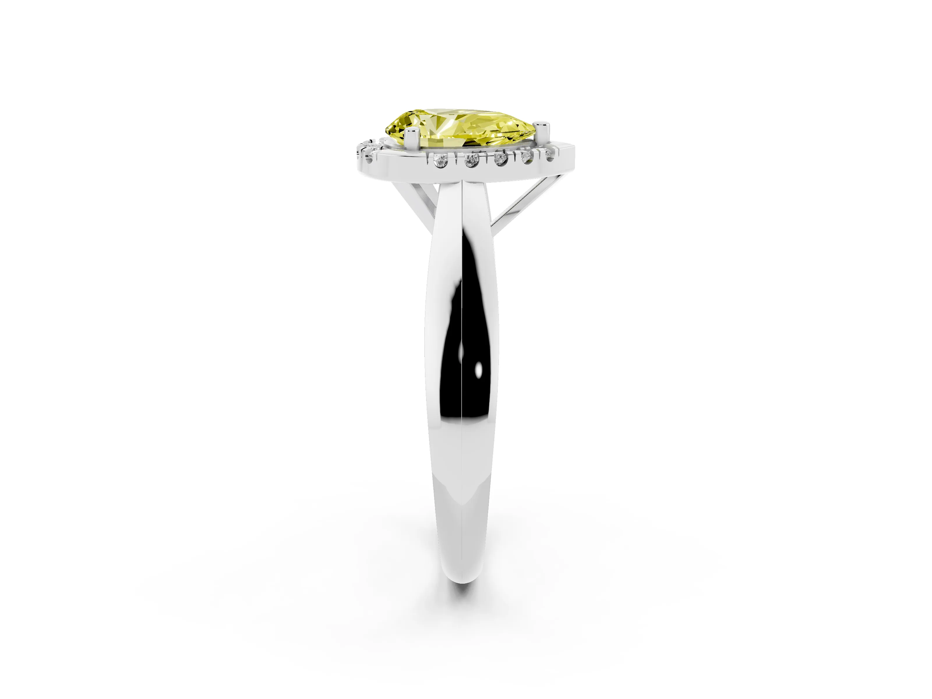 Fancy Yellow Pear Cut Diamond Halo Solitaire Engagement Ring Set in Platinum with Square Band and Prong Setting