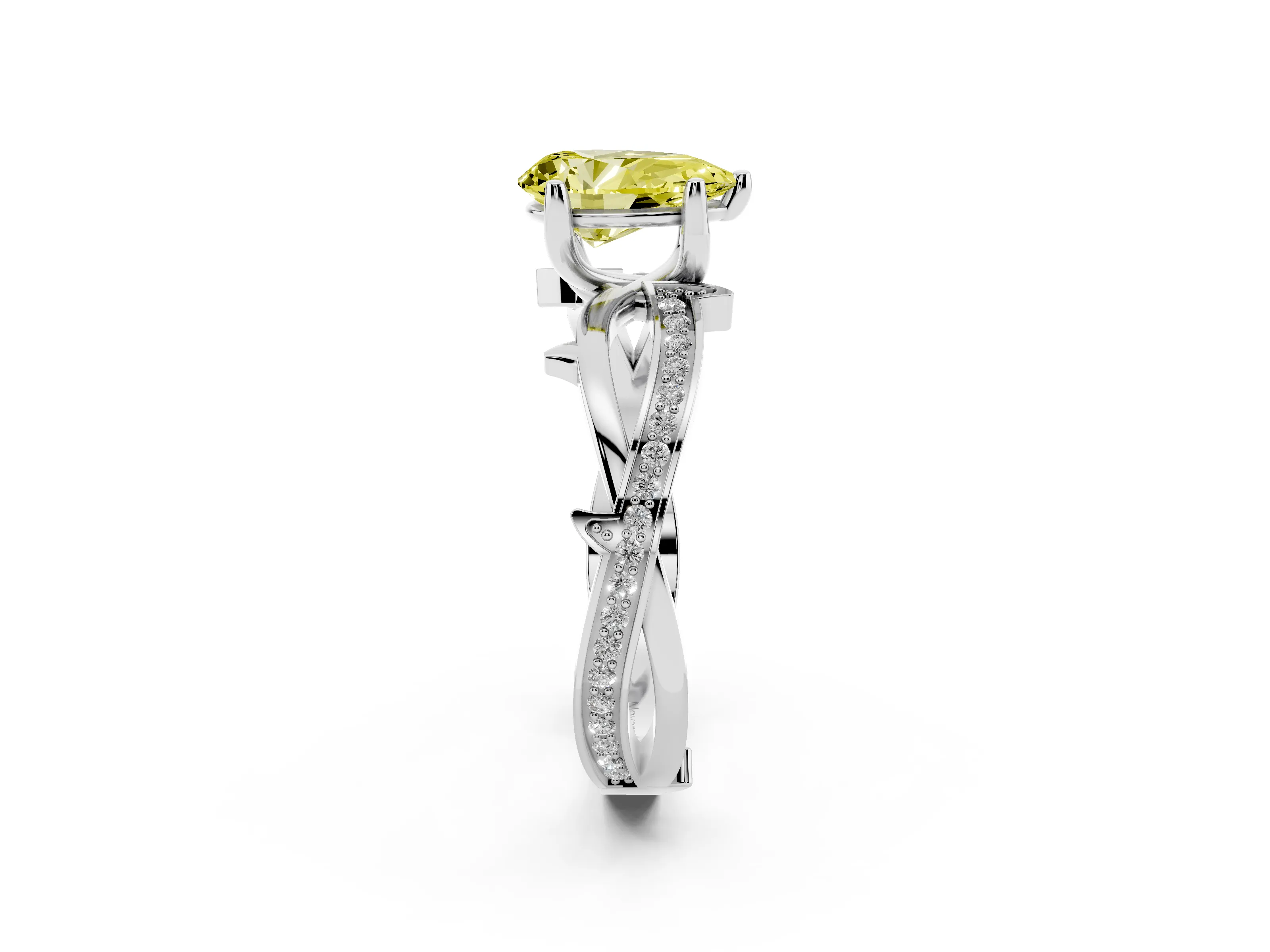 Fancy Yellow Pear Cut Diamond Pavé Twist Band Solitaire Ring Set in Silver with Prong Setting