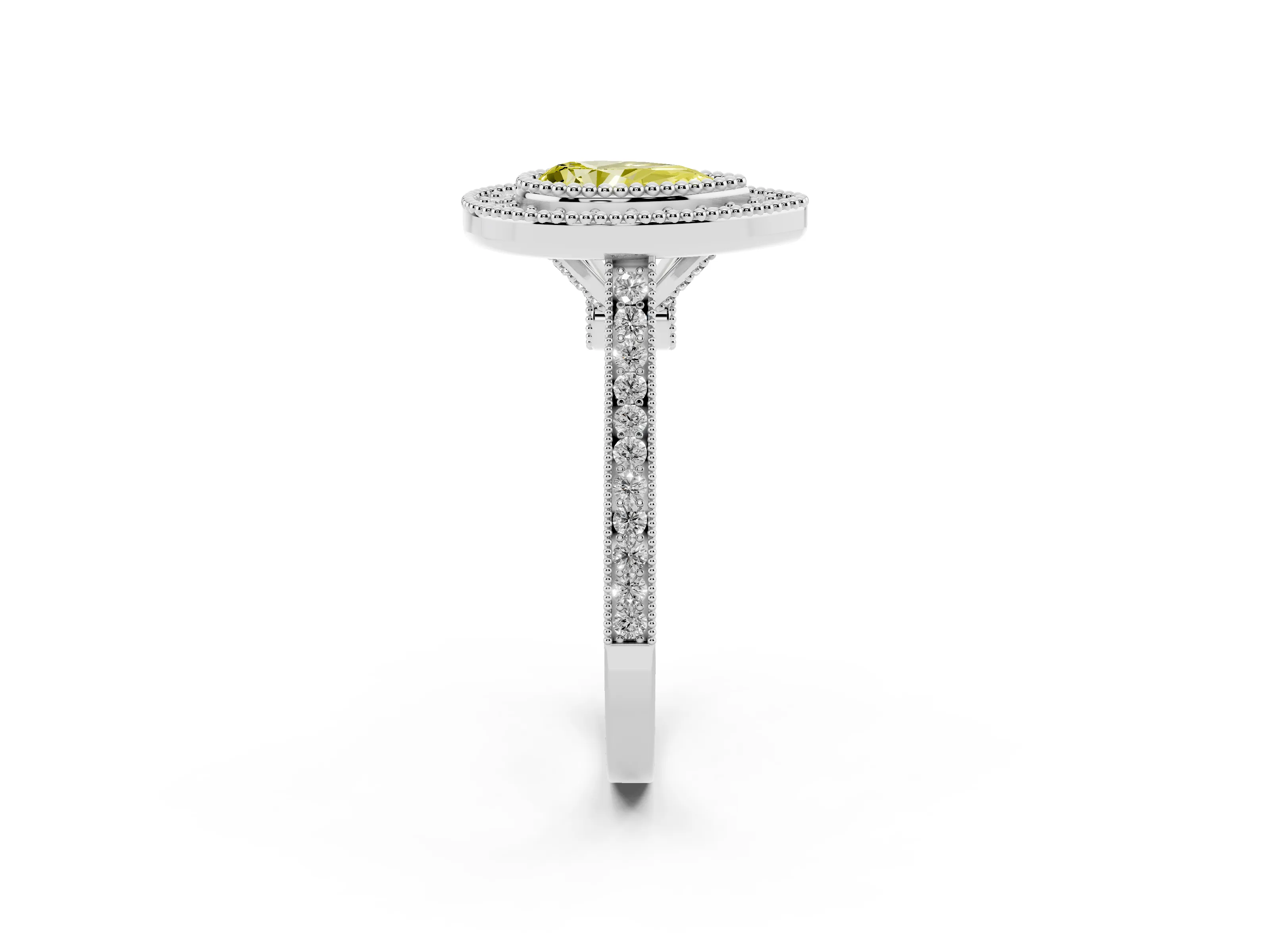 Fancy Yellow Pear Cut Diamond Halo Ring Set in White gold with Milgrain Frame and Pavé Band
