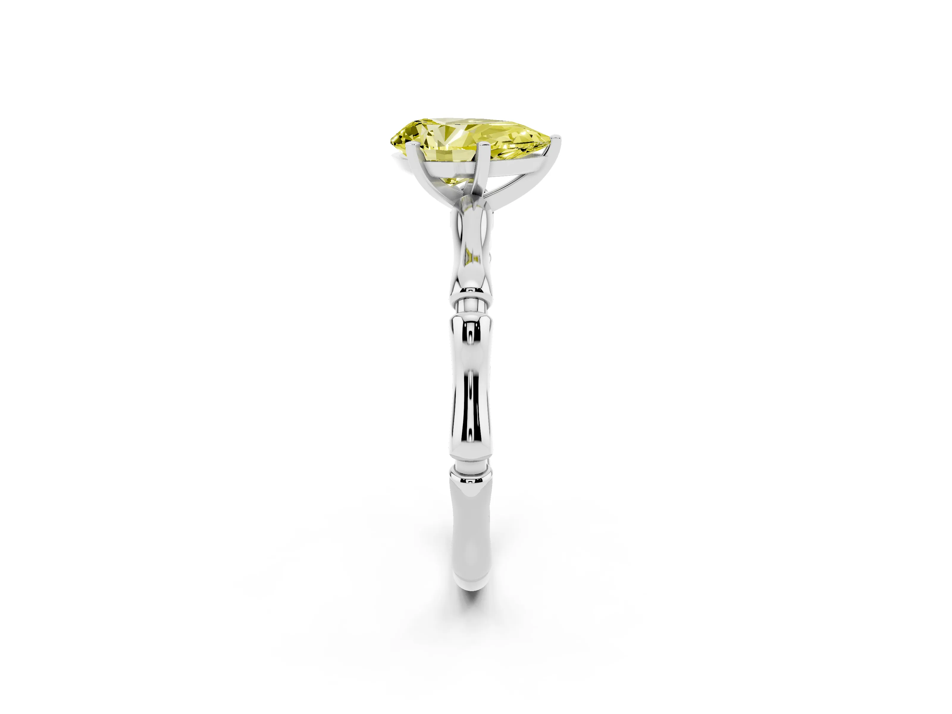 Fancy Yellow Pear Cut Diamond Solitaire Ring Set in Platinum with Bamboo Band and Prong Setting