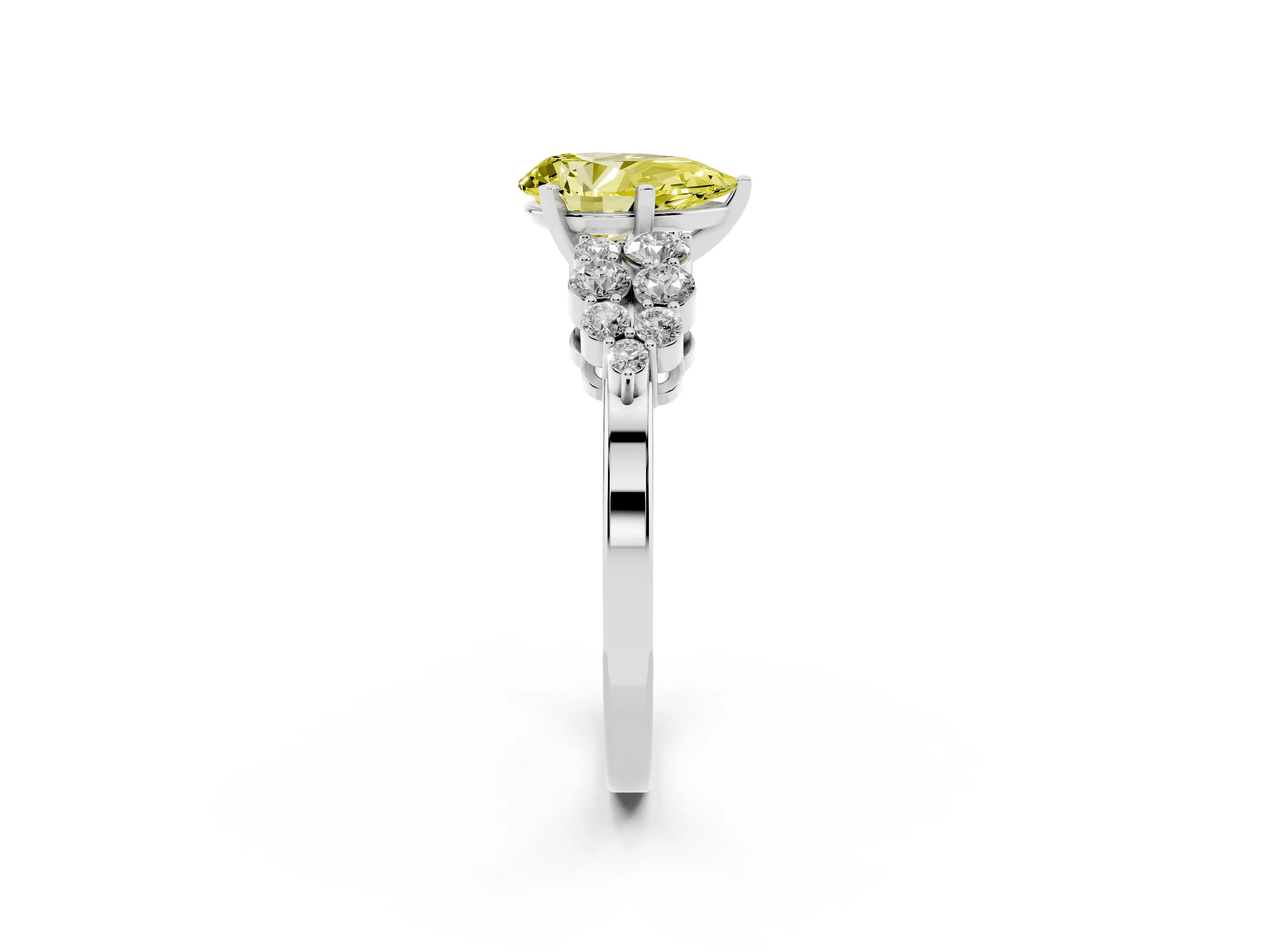 Fancy Yellow Pear Cut Diamond Cluster Engagement Ring Set in Platinum with Pavé Band and Prong Setting