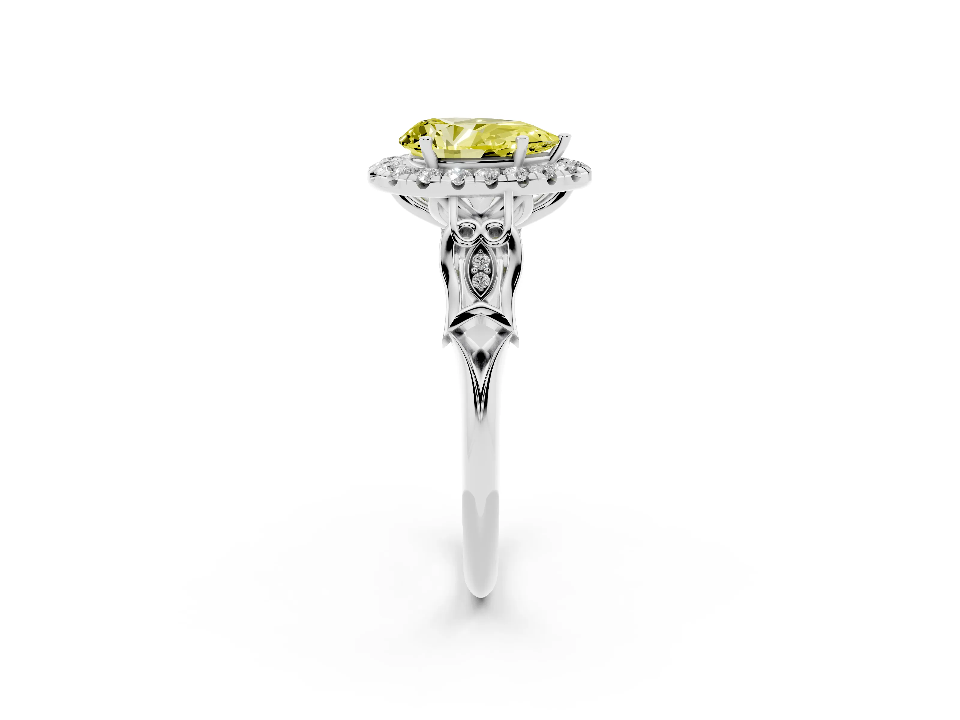 Fancy Yellow Pear Cut Diamond Halo Engagement Ring Set in Platinum with Filigree Band and Prong-Set Center