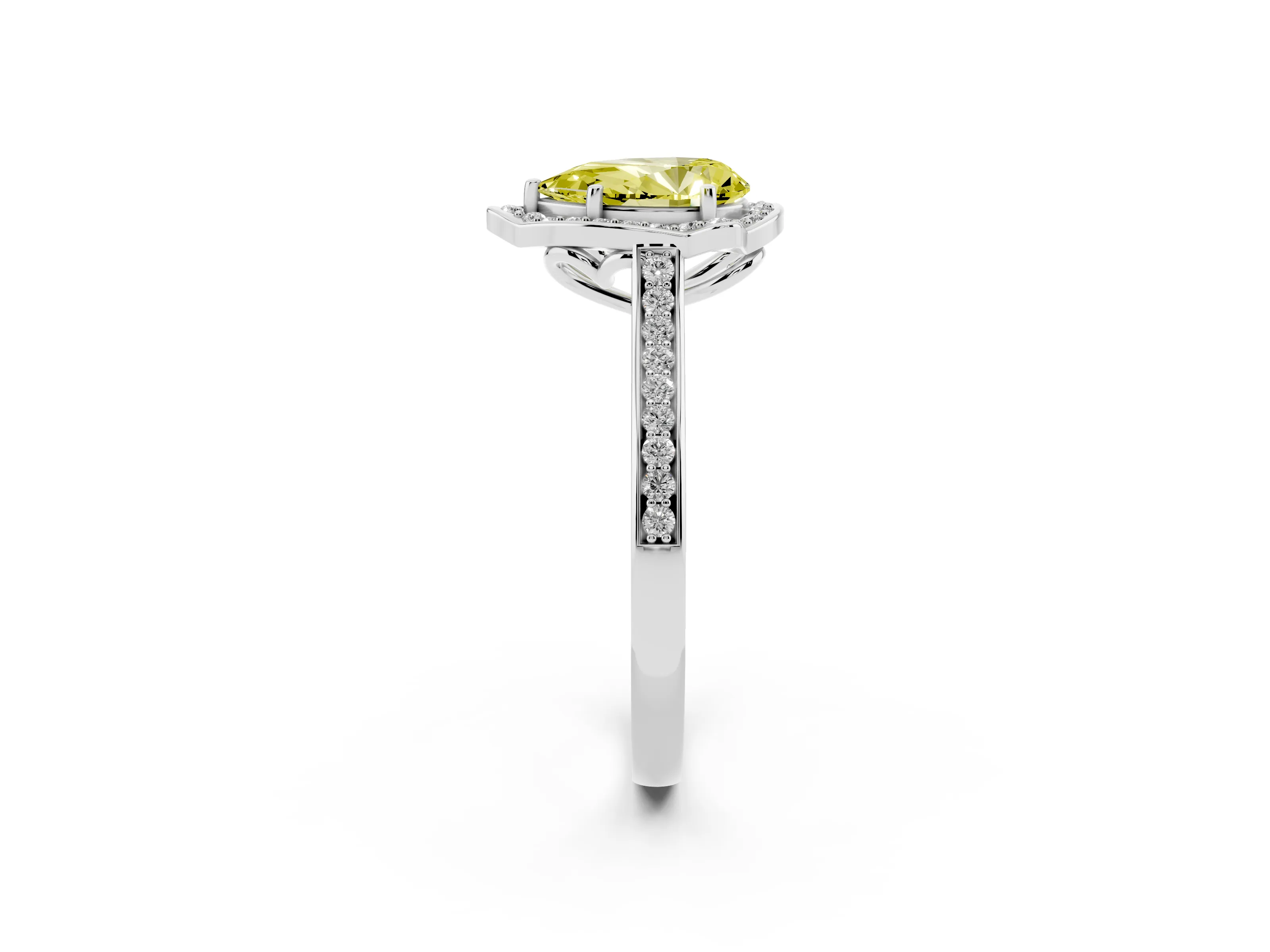 Fancy Yellow Pear Cut Diamond Halo Ring Set in White gold with Pavé-Lined Shoulders and Prong Setting