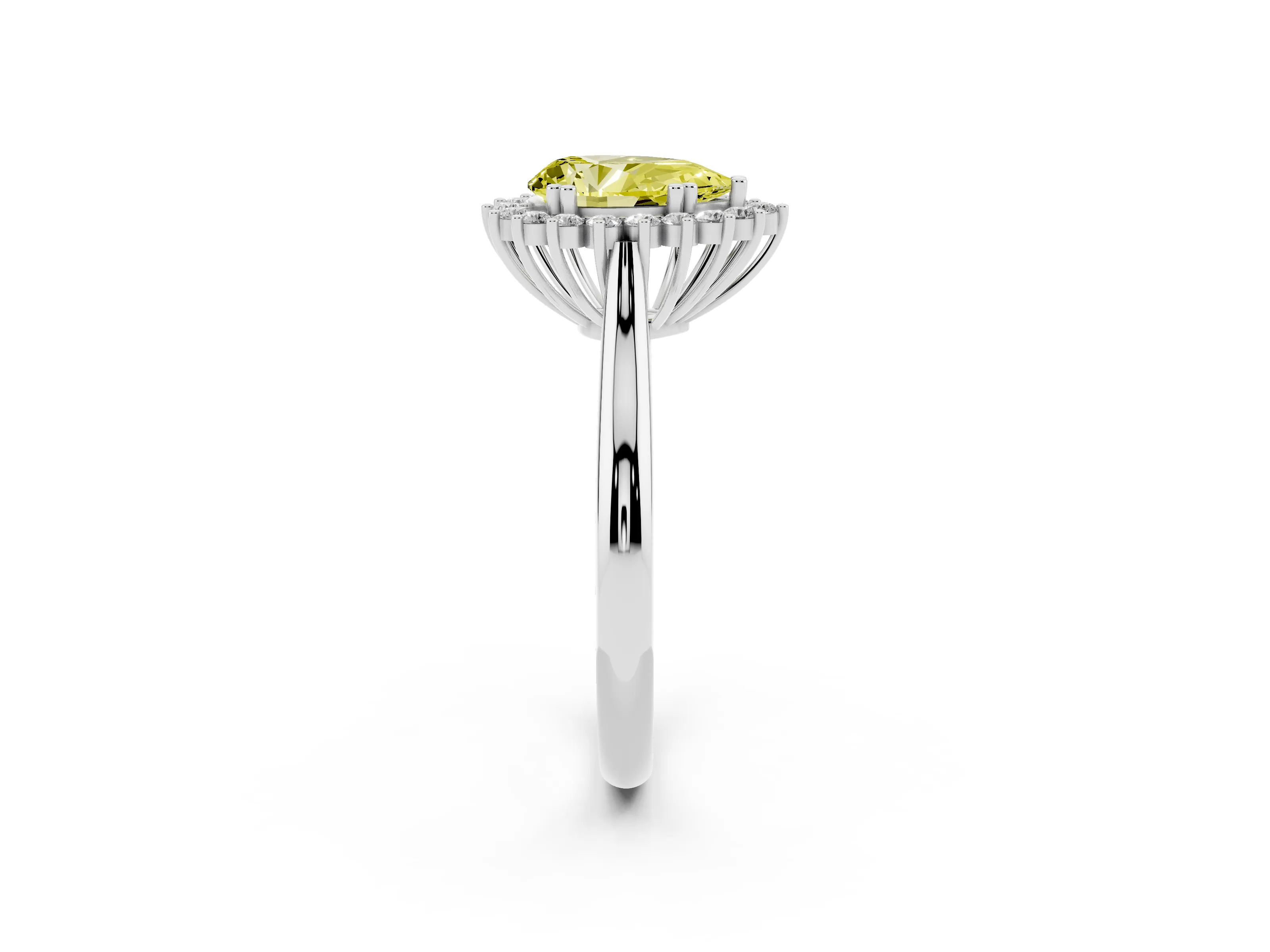 Fancy Yellow Pear Cut Diamond Halo Ring Set in White gold with Plain Solitaire Band and Prong Setting