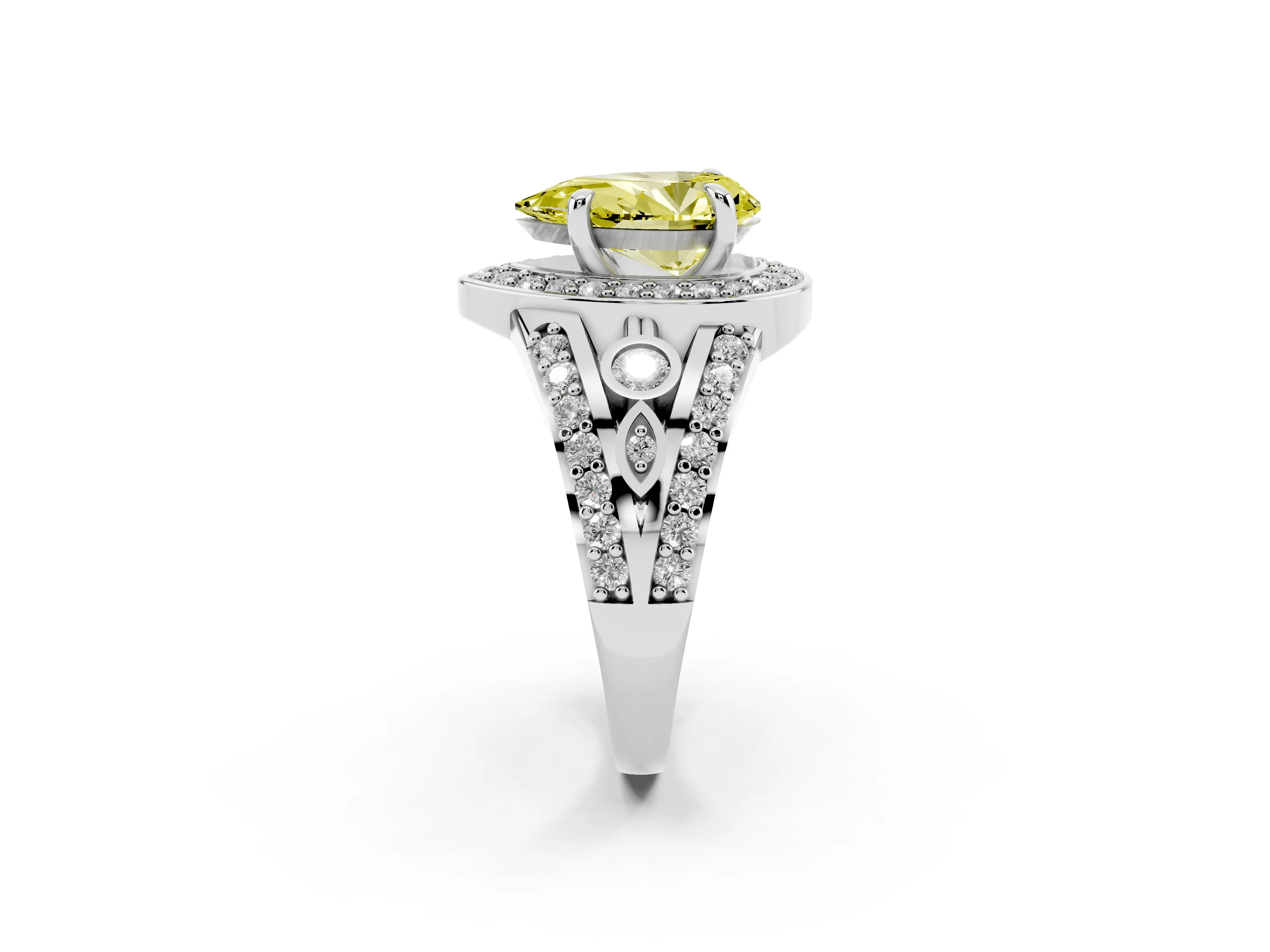 Fancy Yellow Pear Cut Diamond Halo Ring Set in Silver with Pavé Split Shank and Bezel Accents