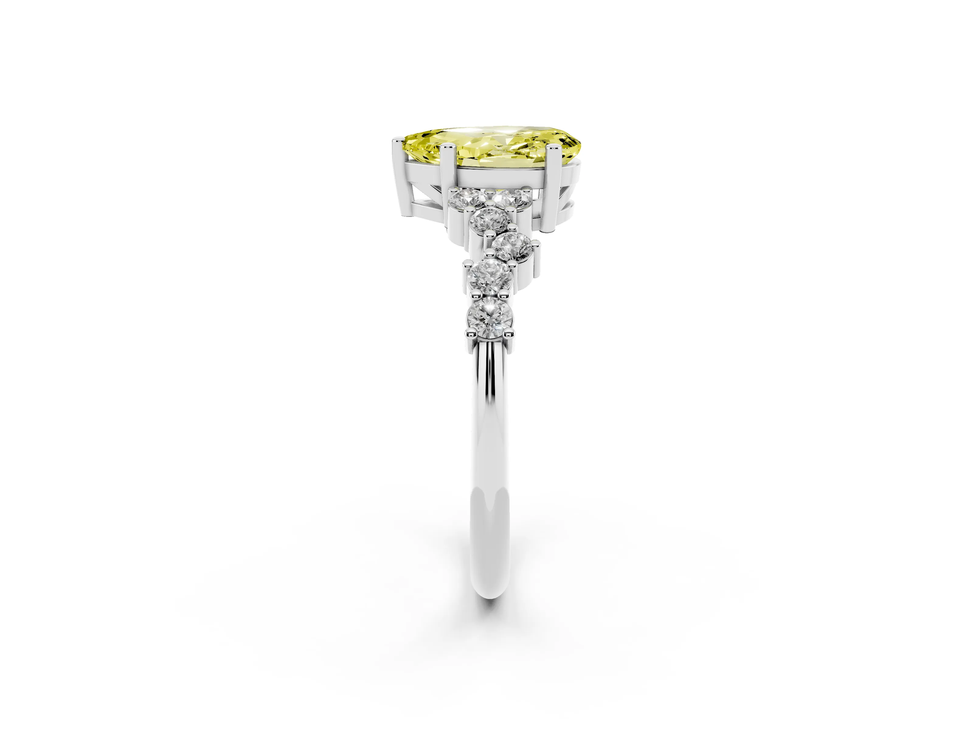 Fancy Yellow Pear Cut Diamond Ring Set in Platinum with Scattered Round Accents