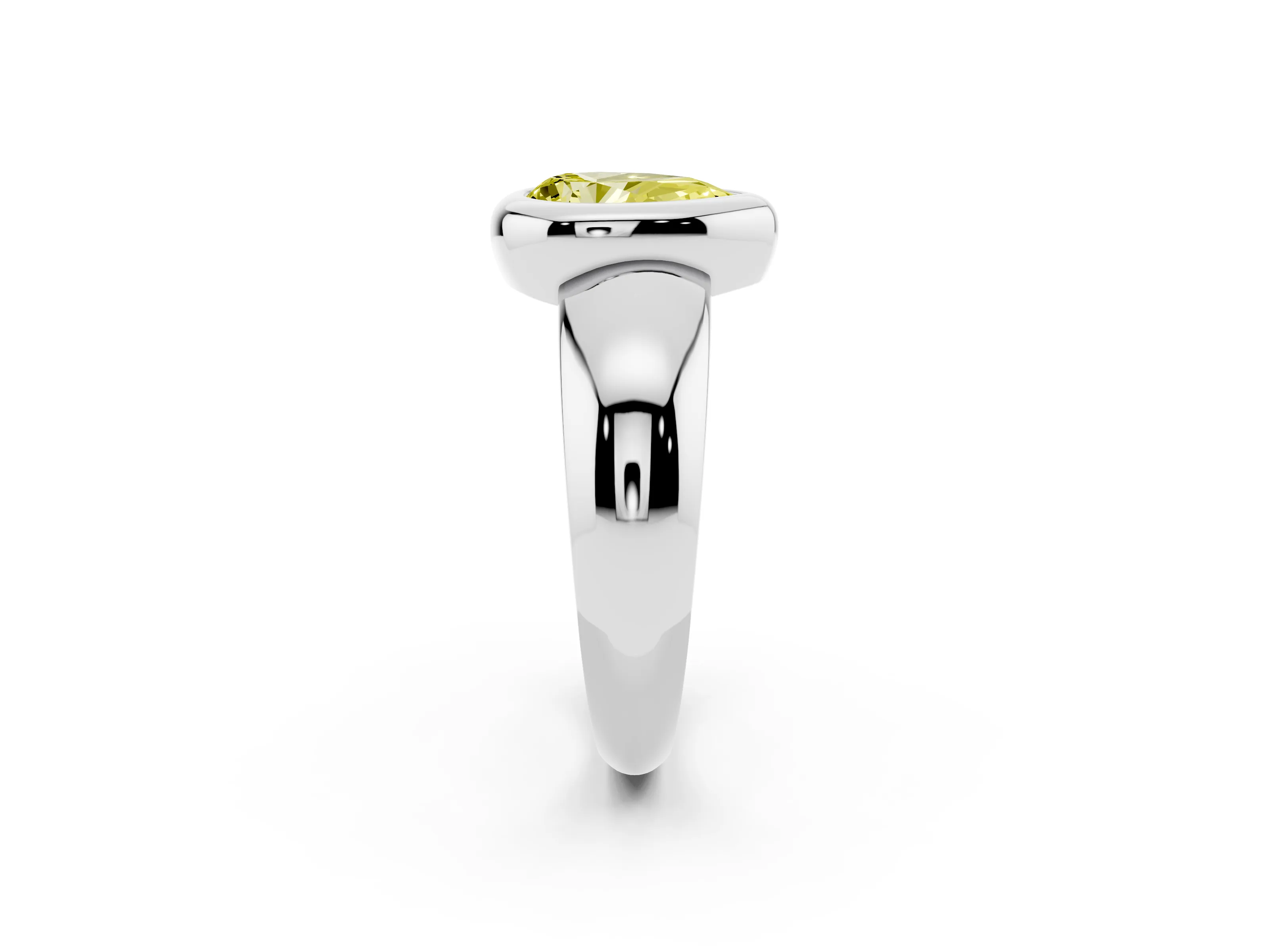 Fancy Yellow Bezel Set Pear Cut Diamond Solitaire Ring Set in Platinum with Wide Band