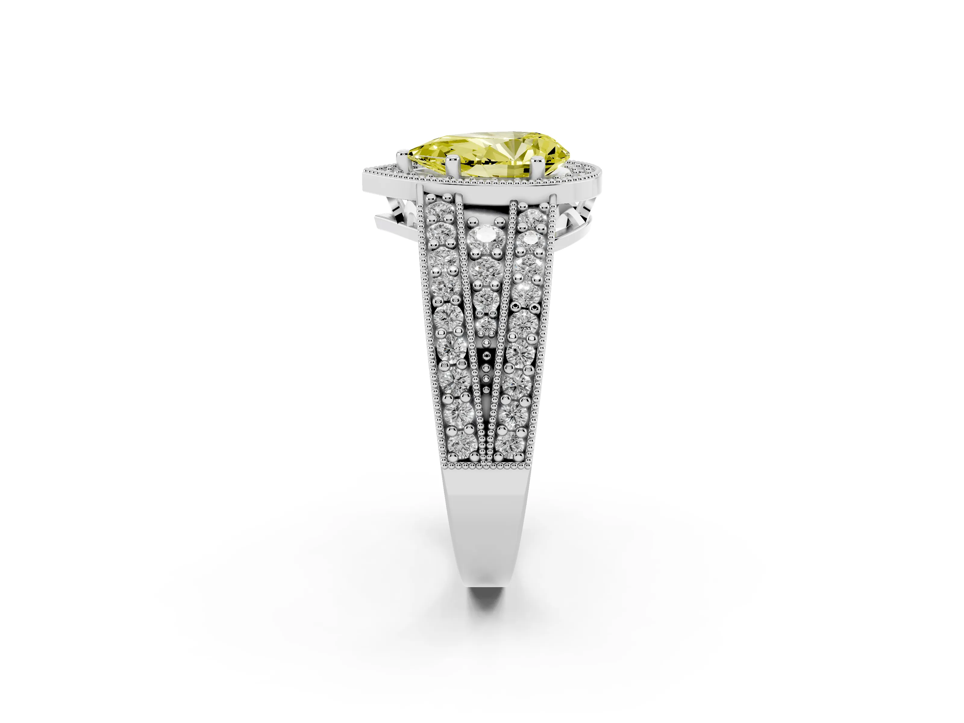 Fancy Yellow Pear Cut Diamond Halo Ring Set in Platinum with Accent Split Shank and Prong Setting