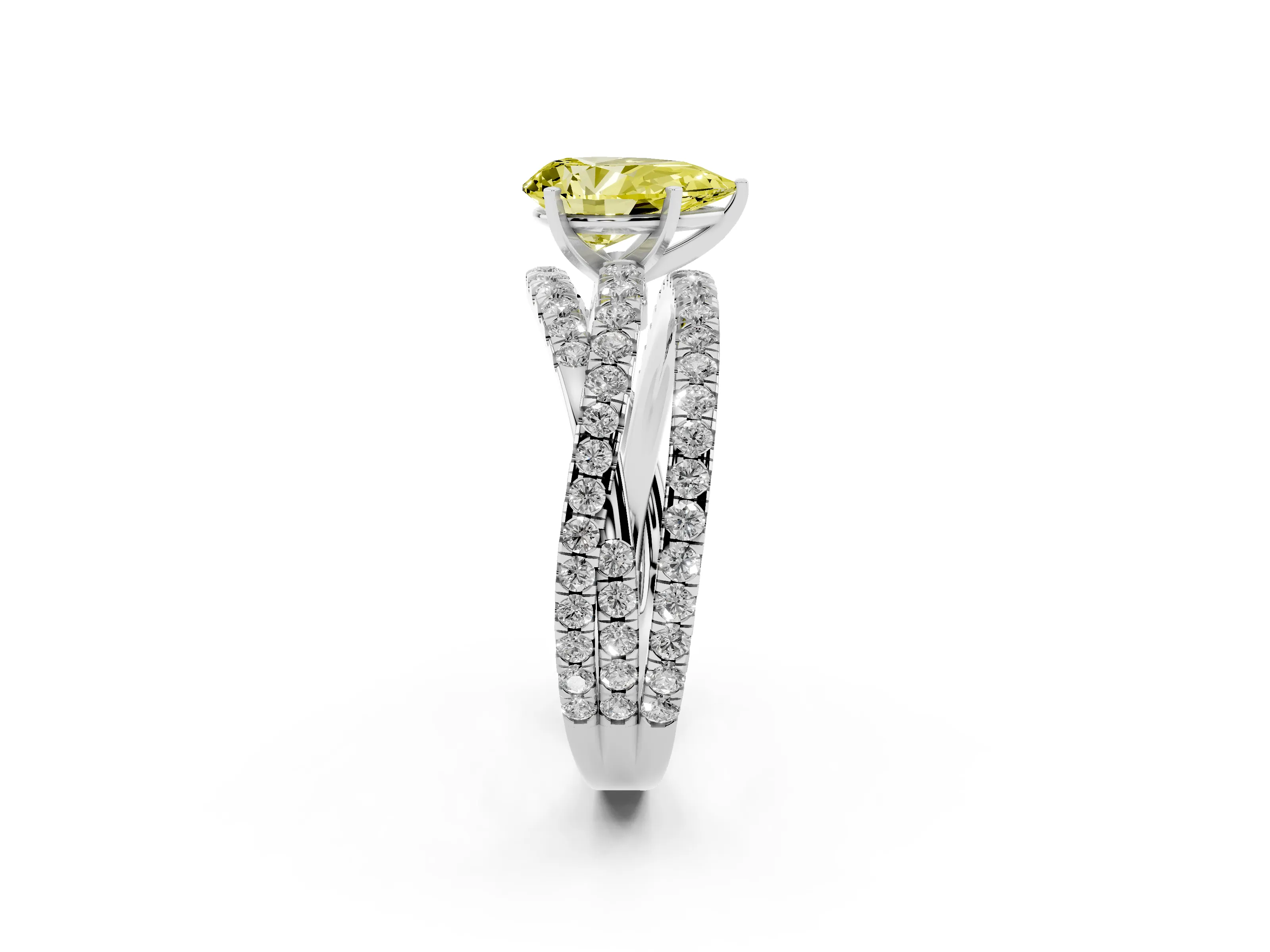 Fancy Yellow Pear Cut Diamond Solitaire Twist Band Ring Set in Platinum with Pavé Setting and Prong Head