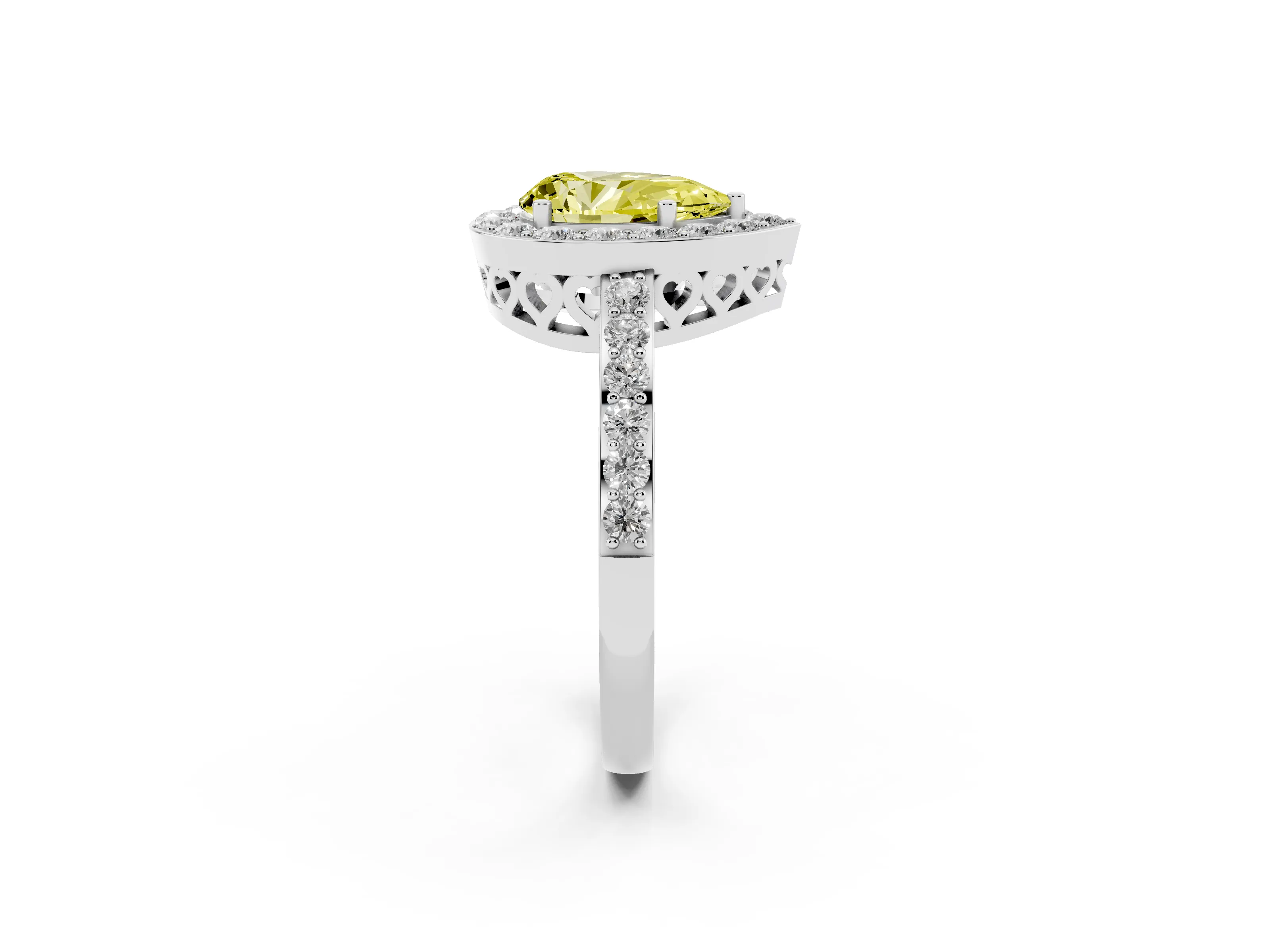 Fancy Yellow Pear Cut Diamond Halo Ring Set in Platinum with Pavé-Setting Band and Open Prong Center