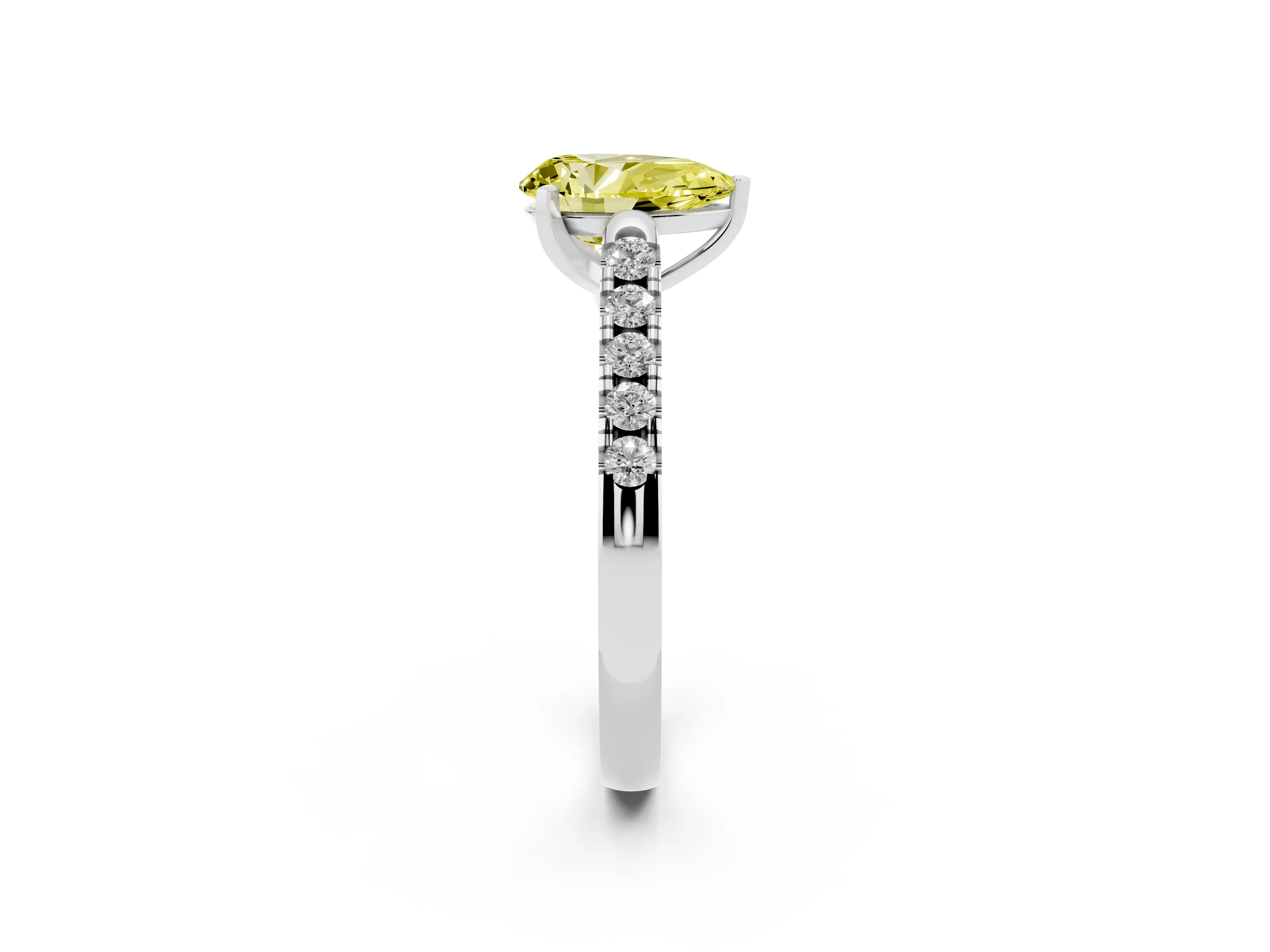Fancy Yellow Pear Cut Diamond Pavé Band Solitaire Ring Set in White gold with Partway Accent Stones and Prong Setting