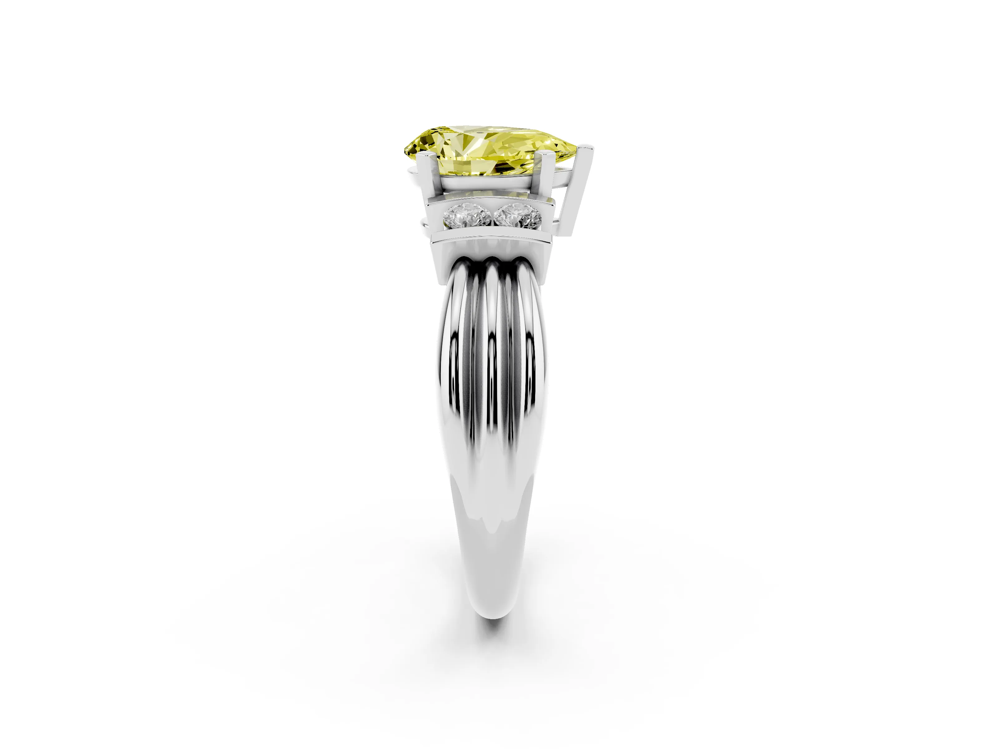 Fancy Yellow Three-Stone Pear Cut Diamond Channel Set Ring Set in White gold with Bar Prongs