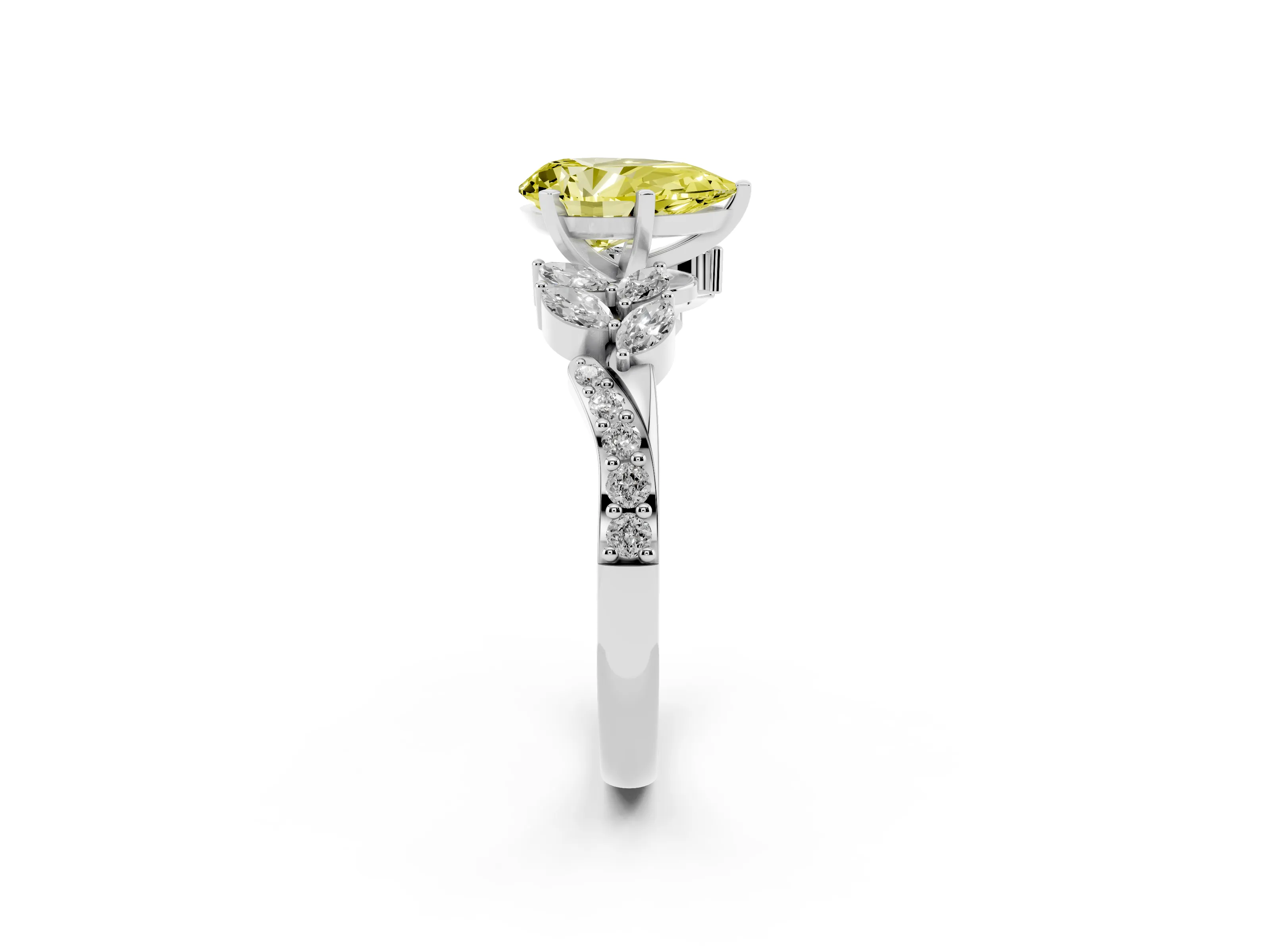 Fancy Yellow Pear Cut Diamond Solitaire Ring Set in Platinum with Marquise Twist Band and Prong Setting