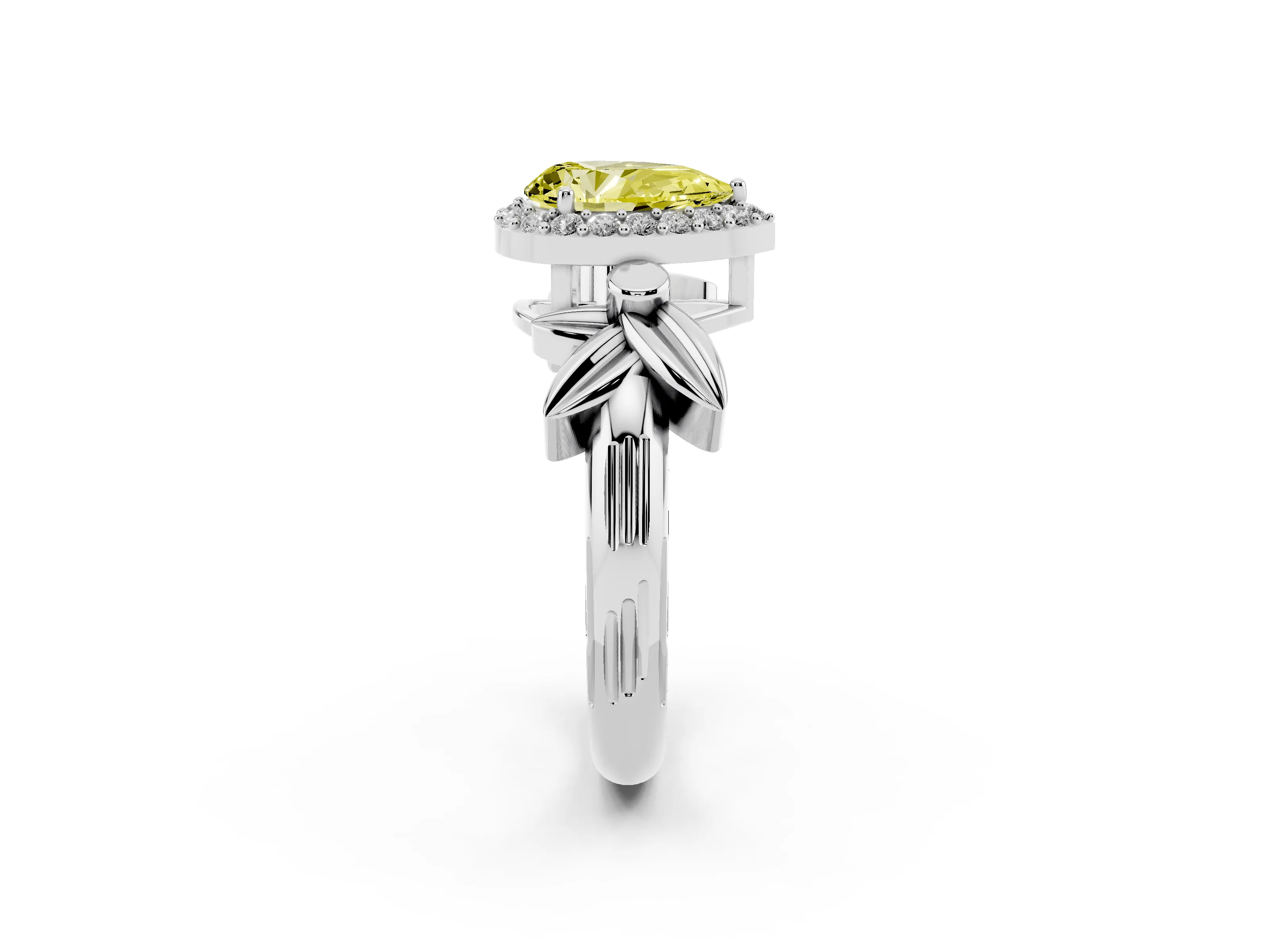 Fancy Yellow Pear Cut Diamond Halo Floral Band Ring Set in Platinum with Prong Setting