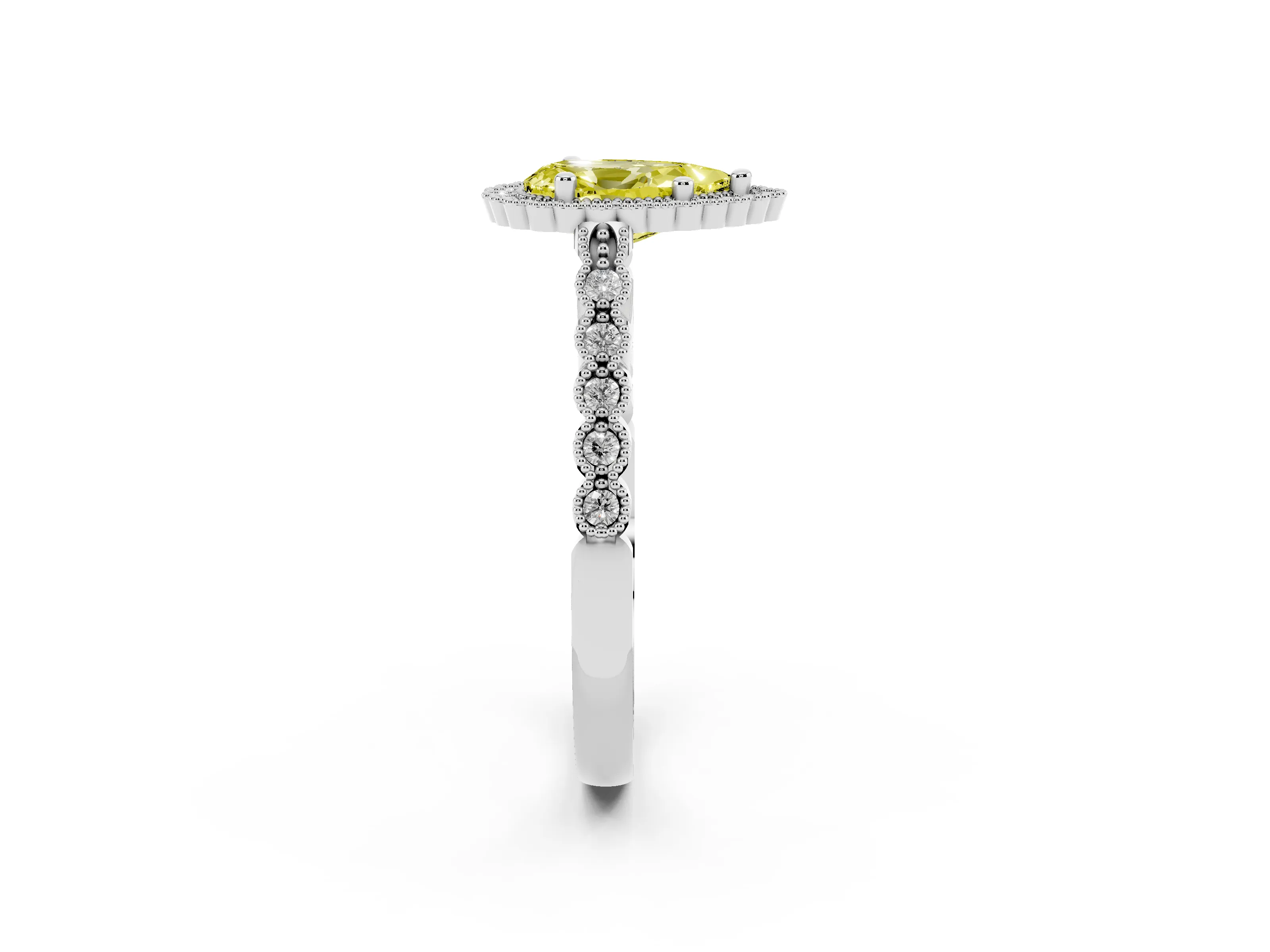 Fancy Yellow Pear Cut Diamond Halo Ring Set in Platinum with Pavé Milgrain Band