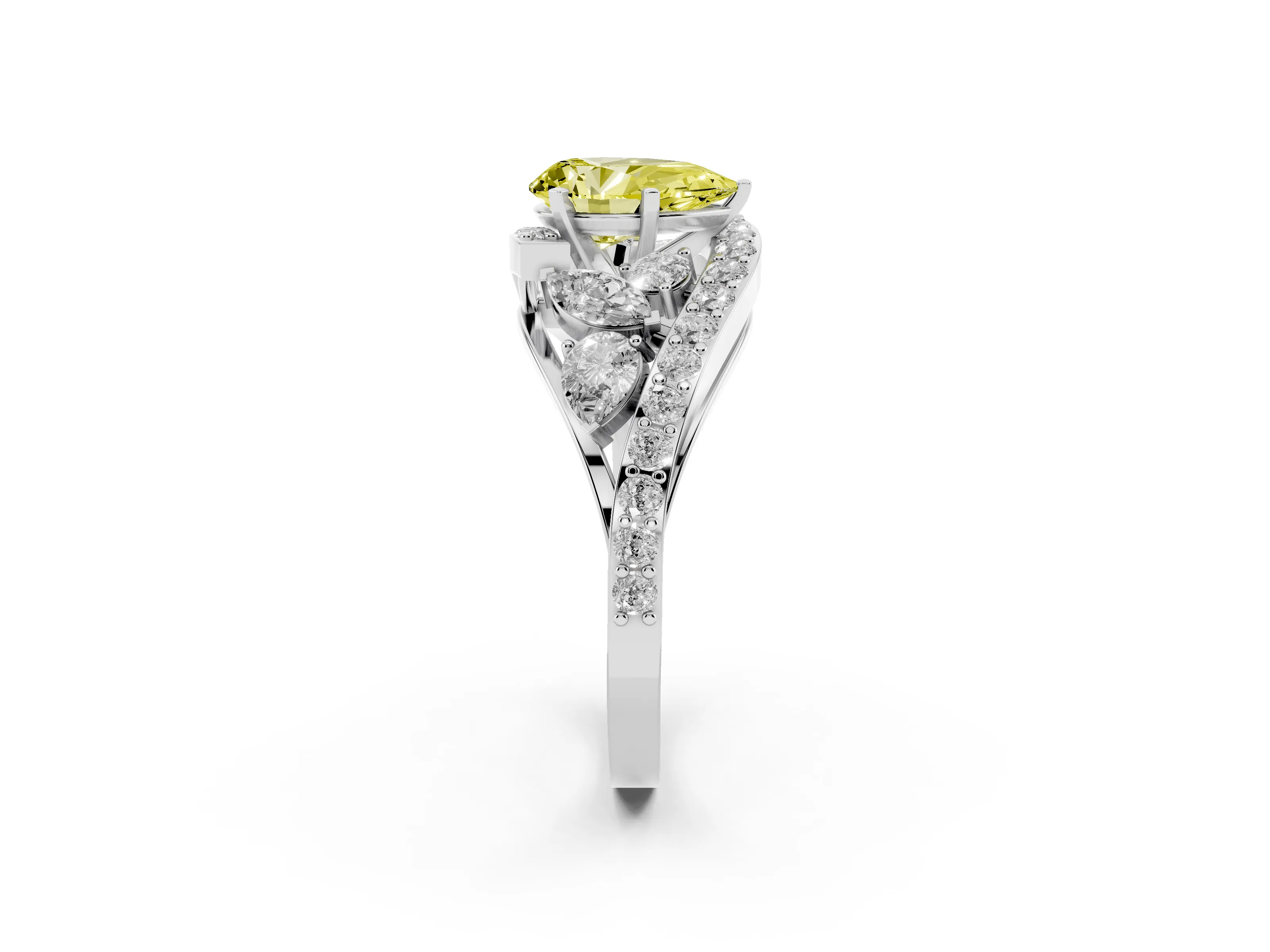 Fancy Yellow Pear Cut Diamond Halo Ring Set in Platinum with Marquise and Pavé Band in Prong Setting