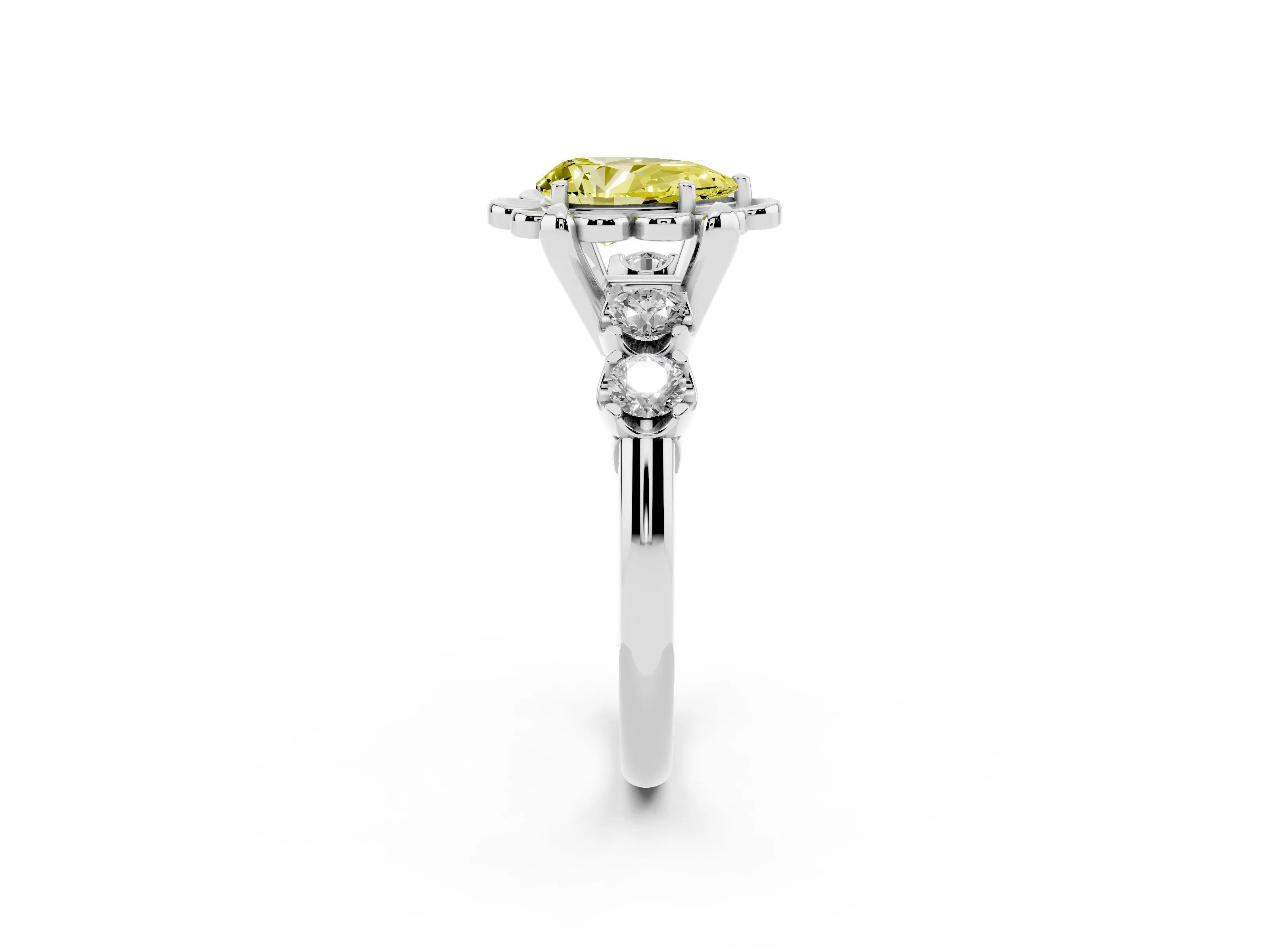 Fancy Yellow Pear Cut Diamond Floral Halo Ring Set in Platinum with Shared Prong Band