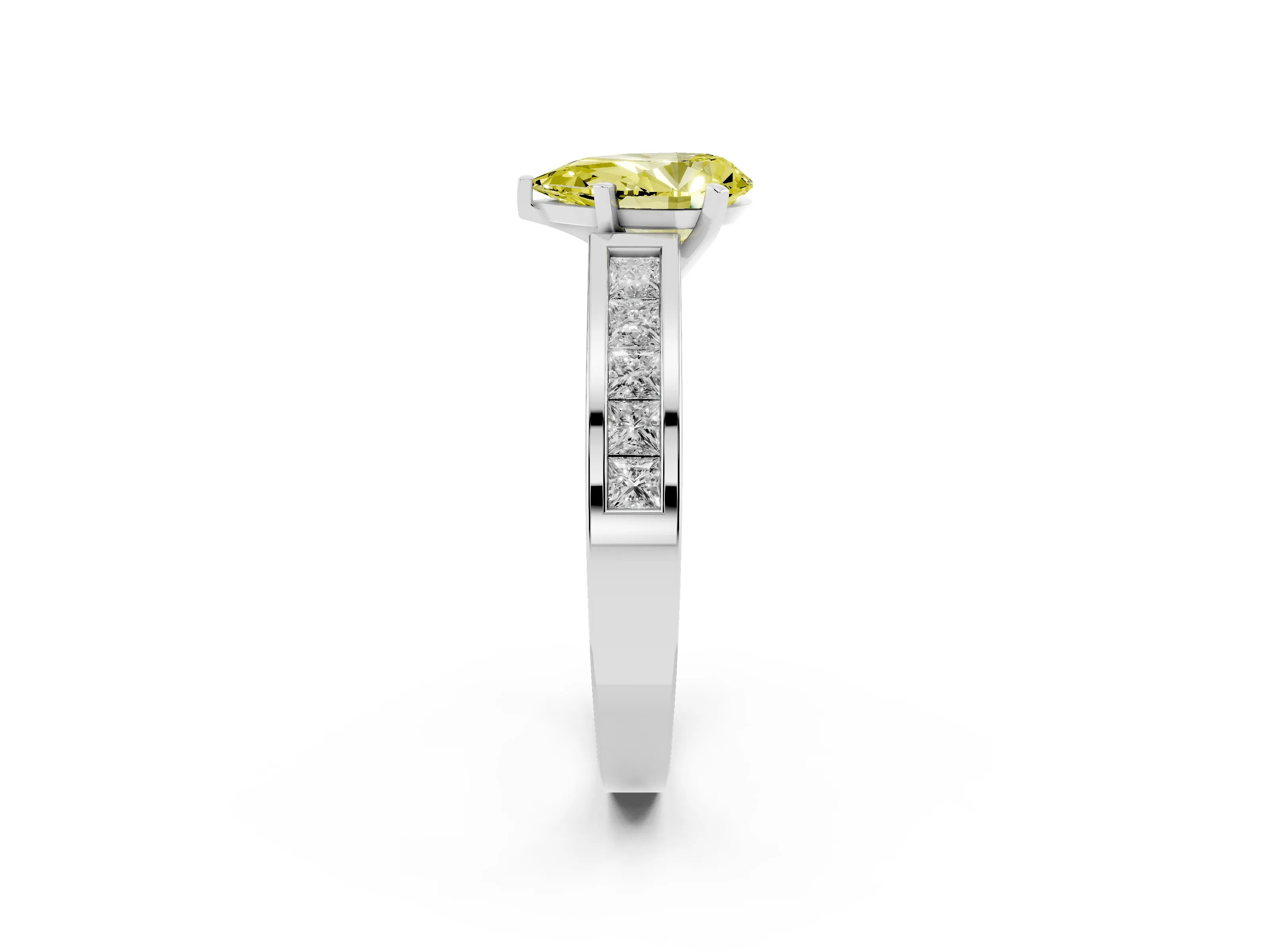 Fancy Yellow Pear Cut Diamond Solitaire Ring Set in White gold with Channel-Set Band and Prong Setting