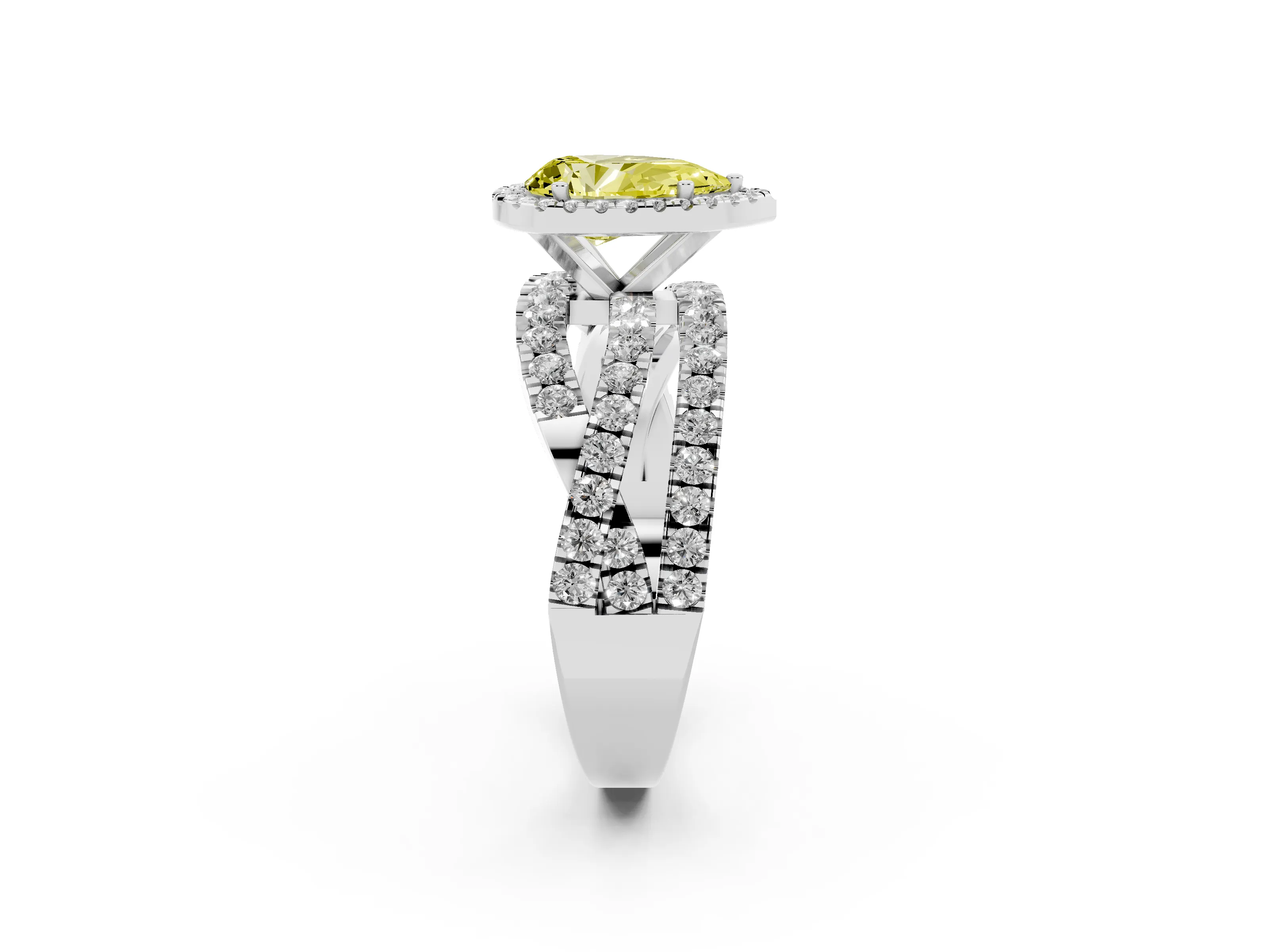 Fancy Yellow Pear Cut Diamond Halo Ring Set in Silver with Round Crossover Split Shank and Prong Setting