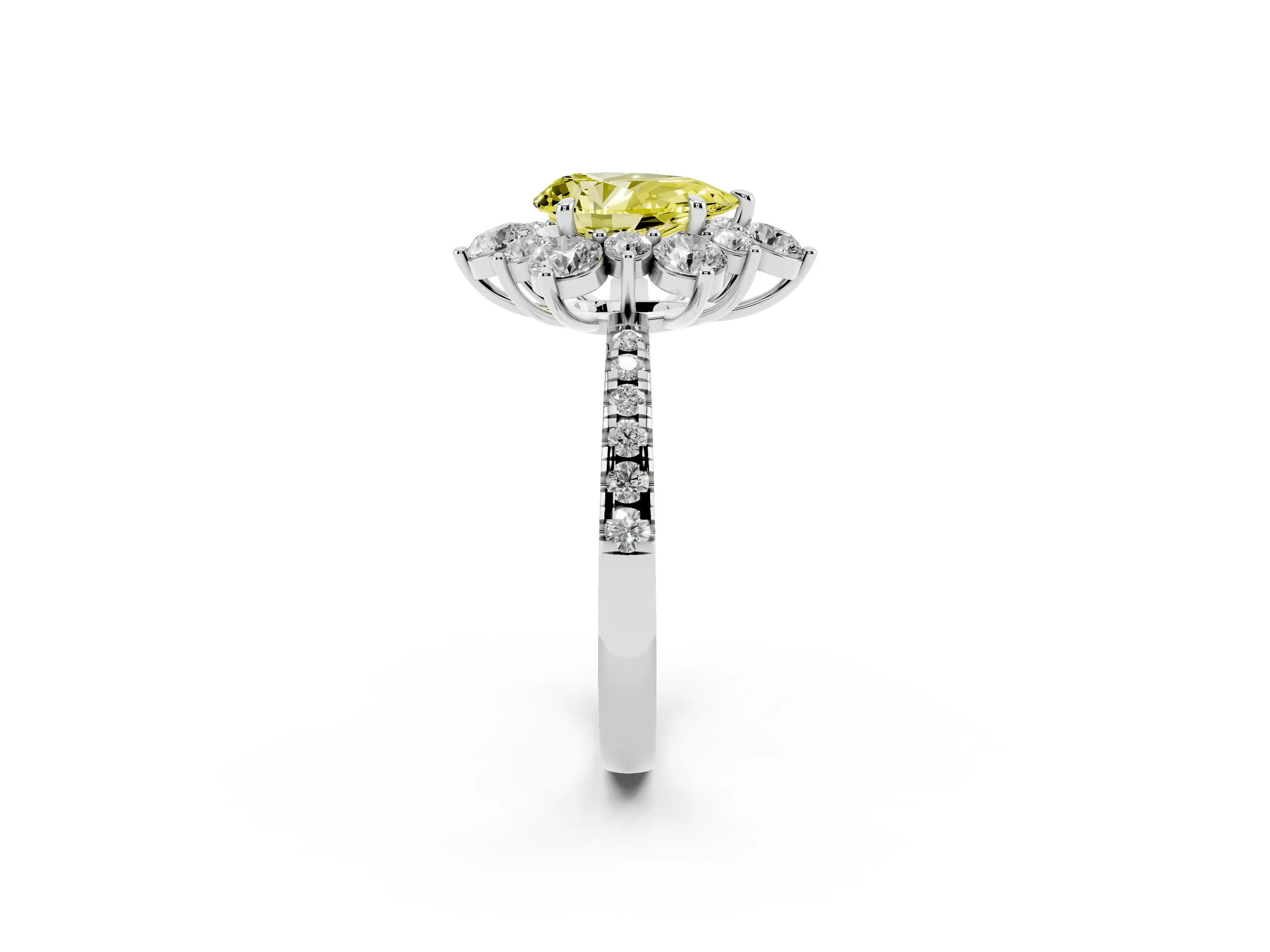 Fancy Yellow Pear Cut Diamond Floral Halo Ring Set in White gold with Round Pavé Band and Prong Setting